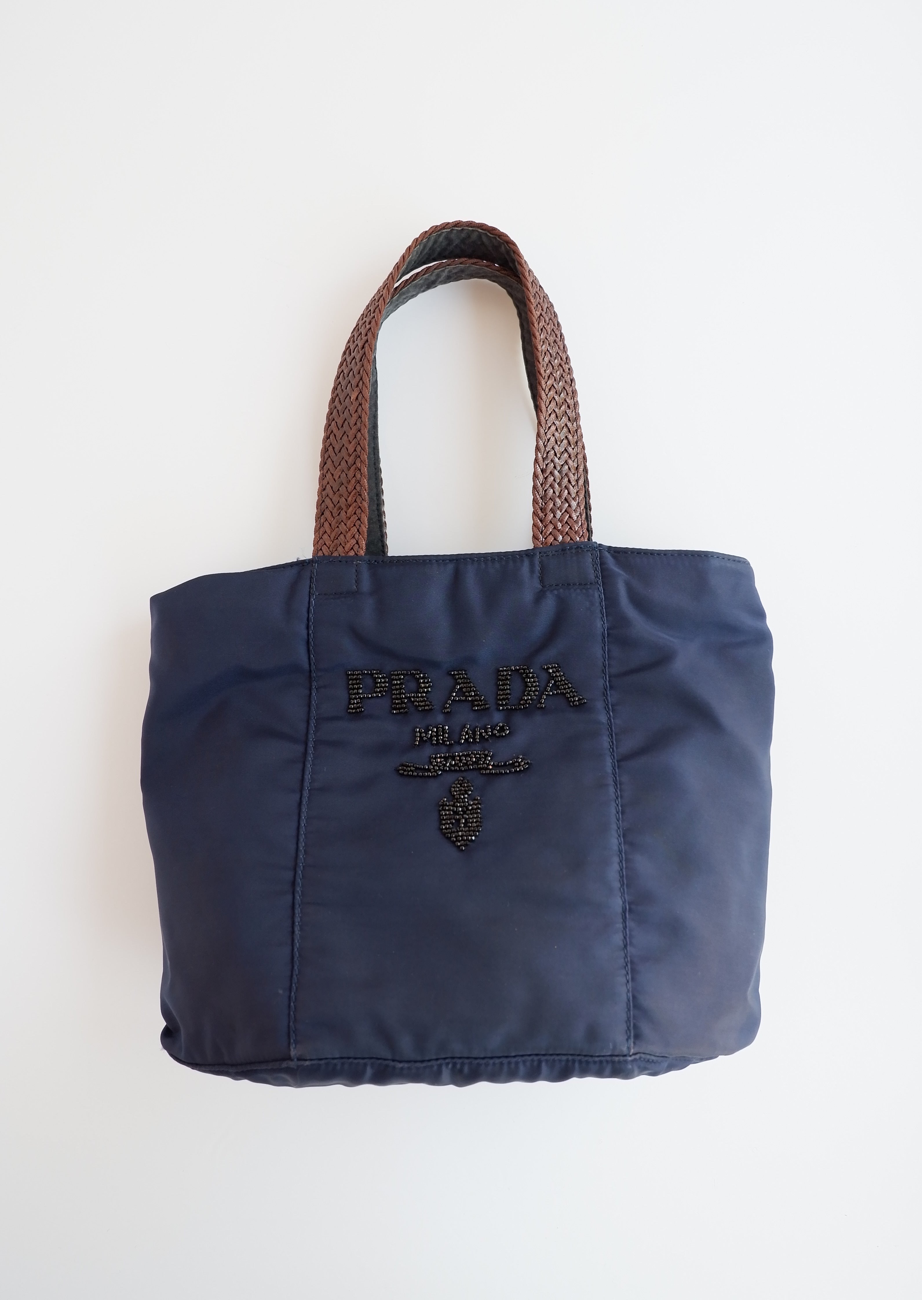 Cabas Authentique d'occasion Prada Tessuto en nylon bleu marine brodé de perles