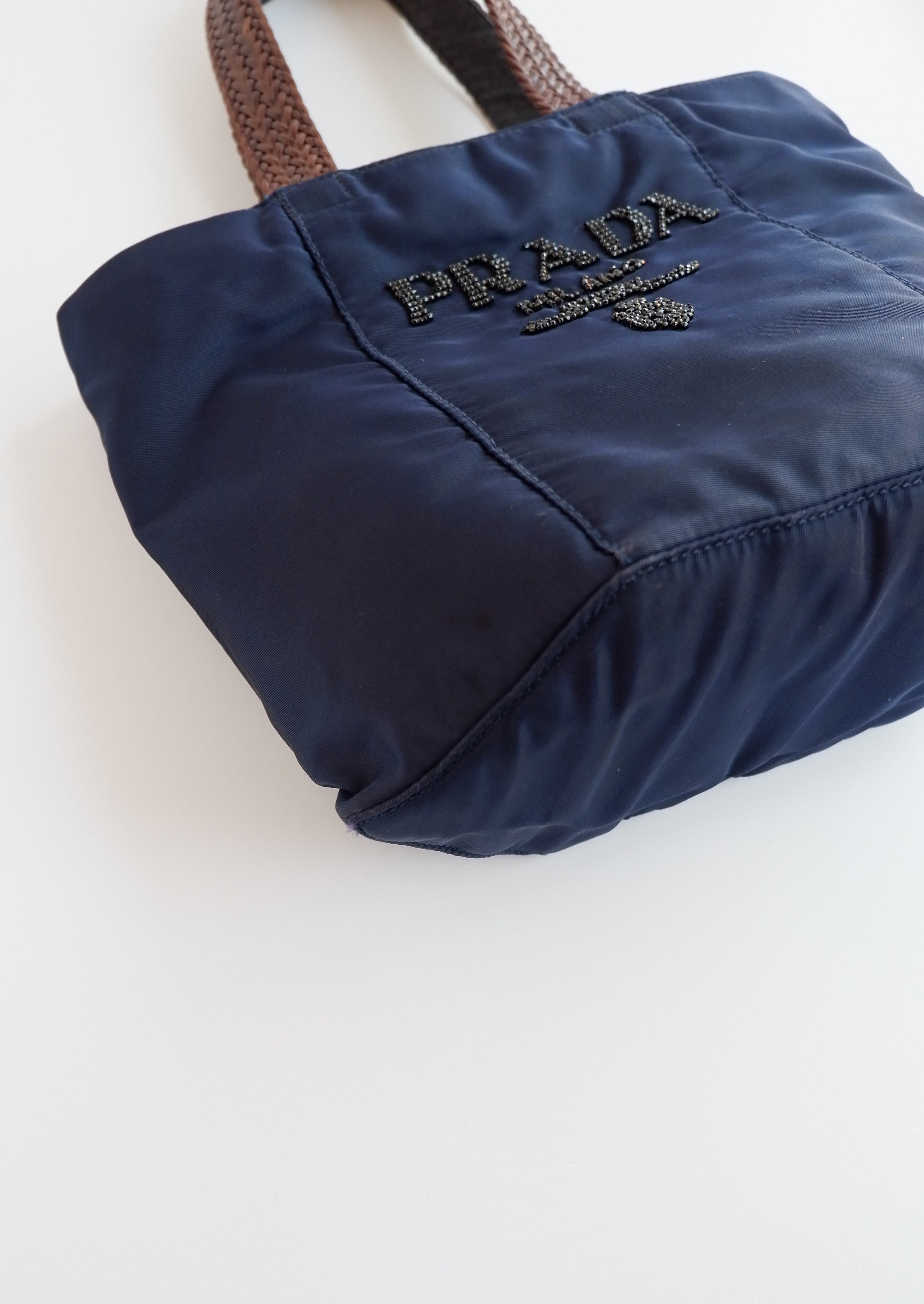 Cabas Authentique d'occasion Prada Tessuto en nylon bleu marine brodé de perles