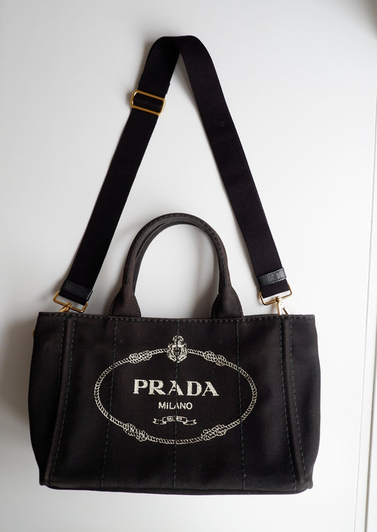 Authentic Preowned Prada Black Canvas Canapa Crossbody / Tote Bag