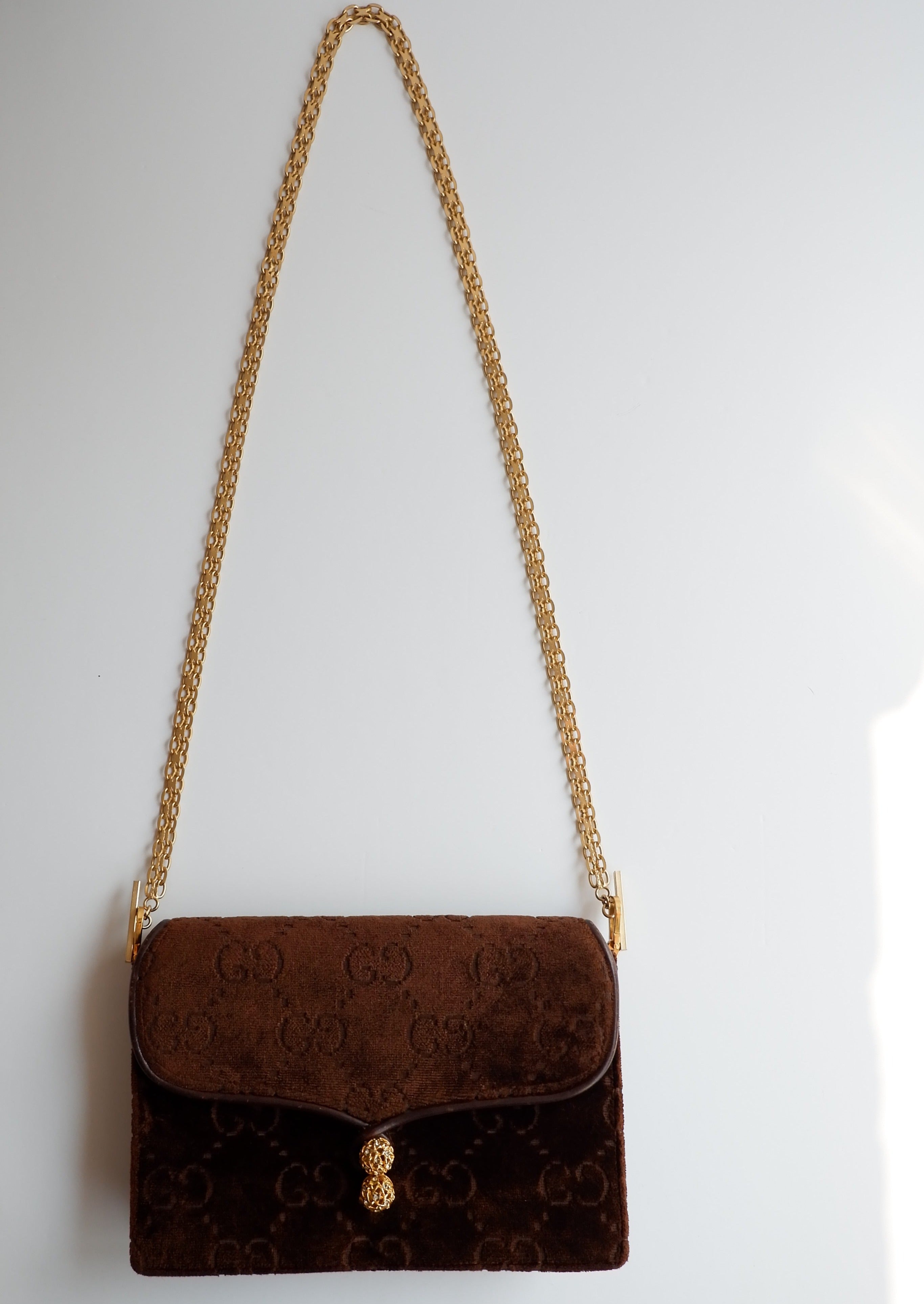 Authentique Sac à Bandoulière Vintage Gucci en Velours Marron Imprimé GG