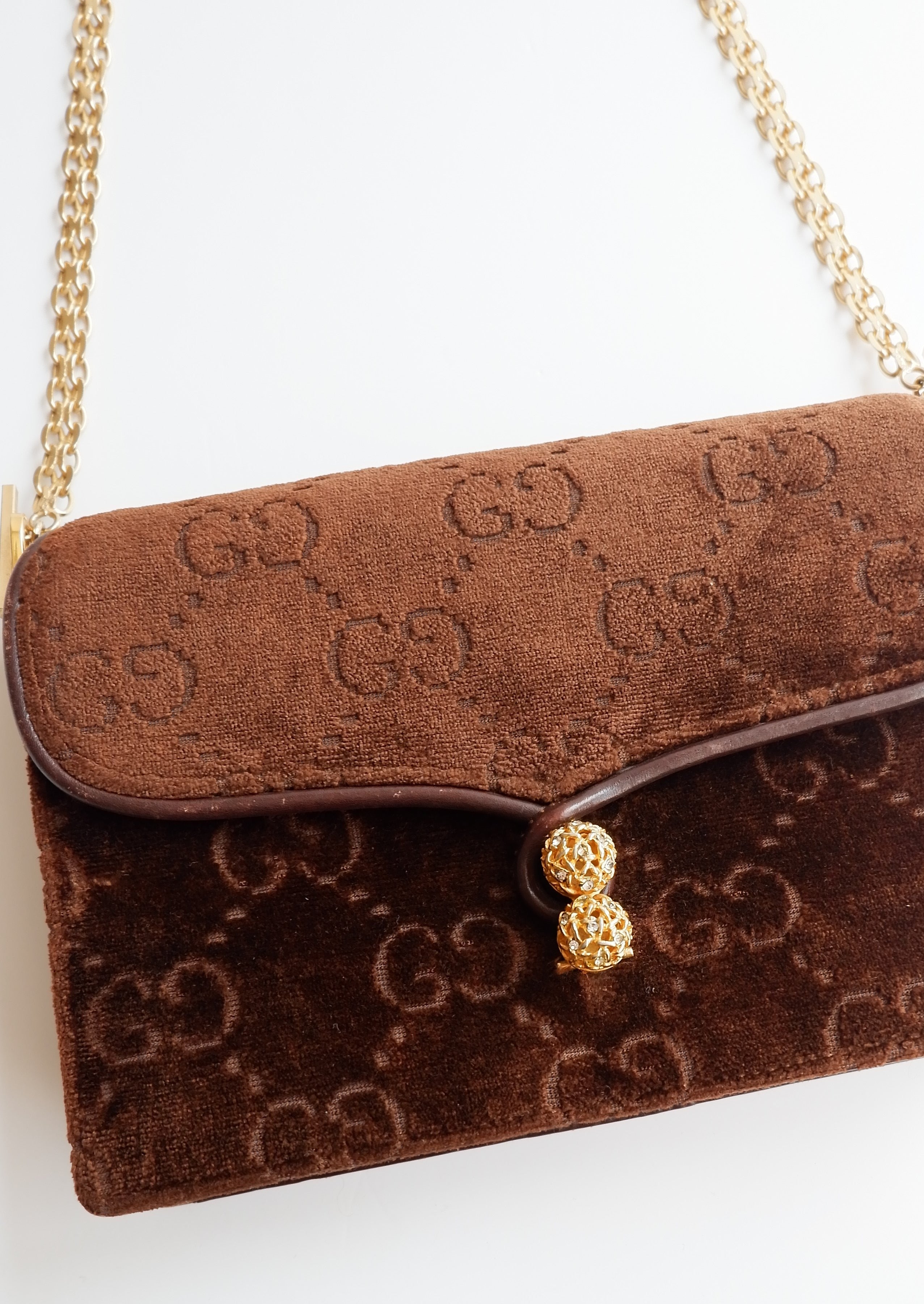 Authentique Sac à Bandoulière Vintage Gucci en Velours Marron Imprimé GG