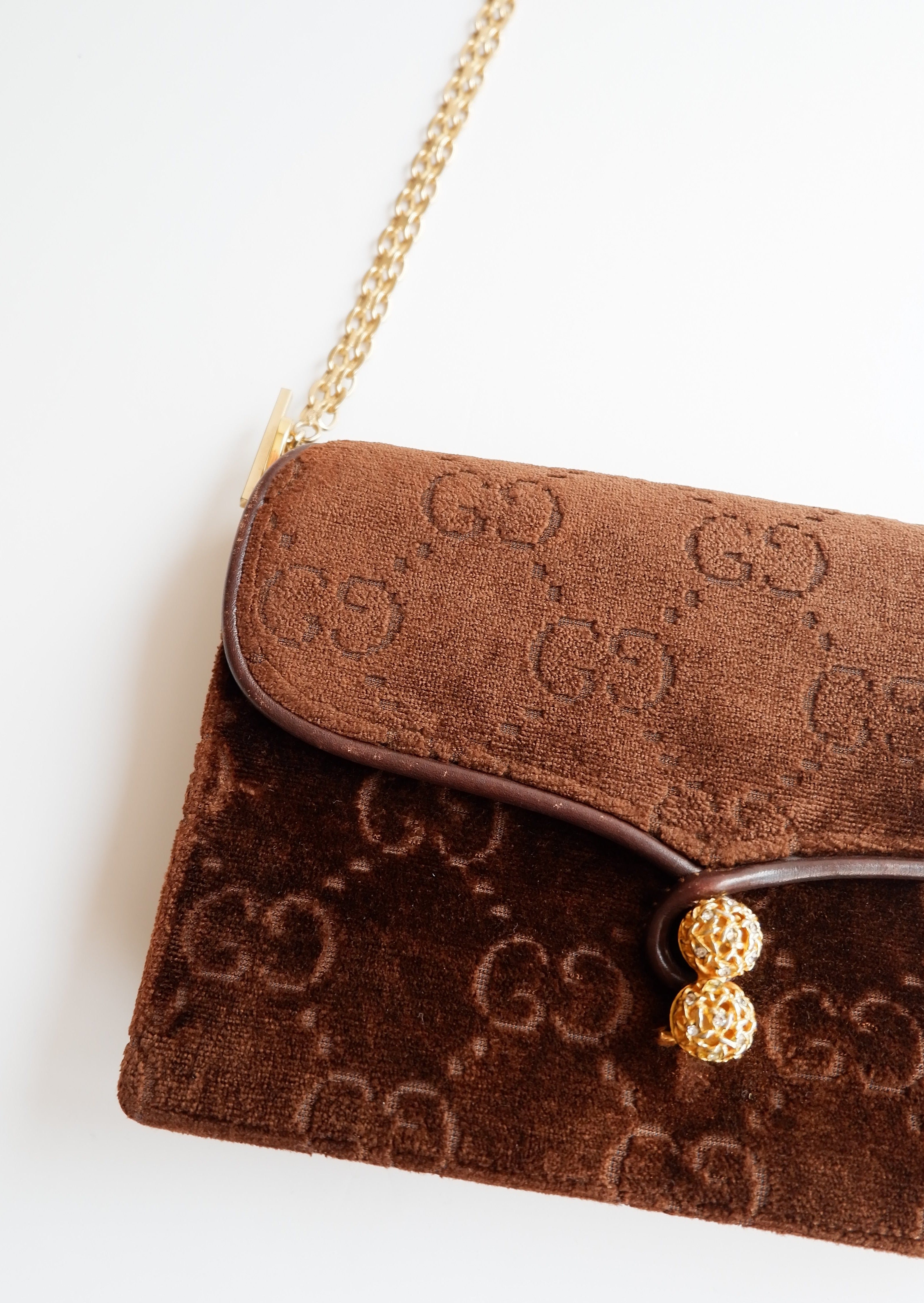 Authentique Sac à Bandoulière Vintage Gucci en Velours Marron Imprimé GG