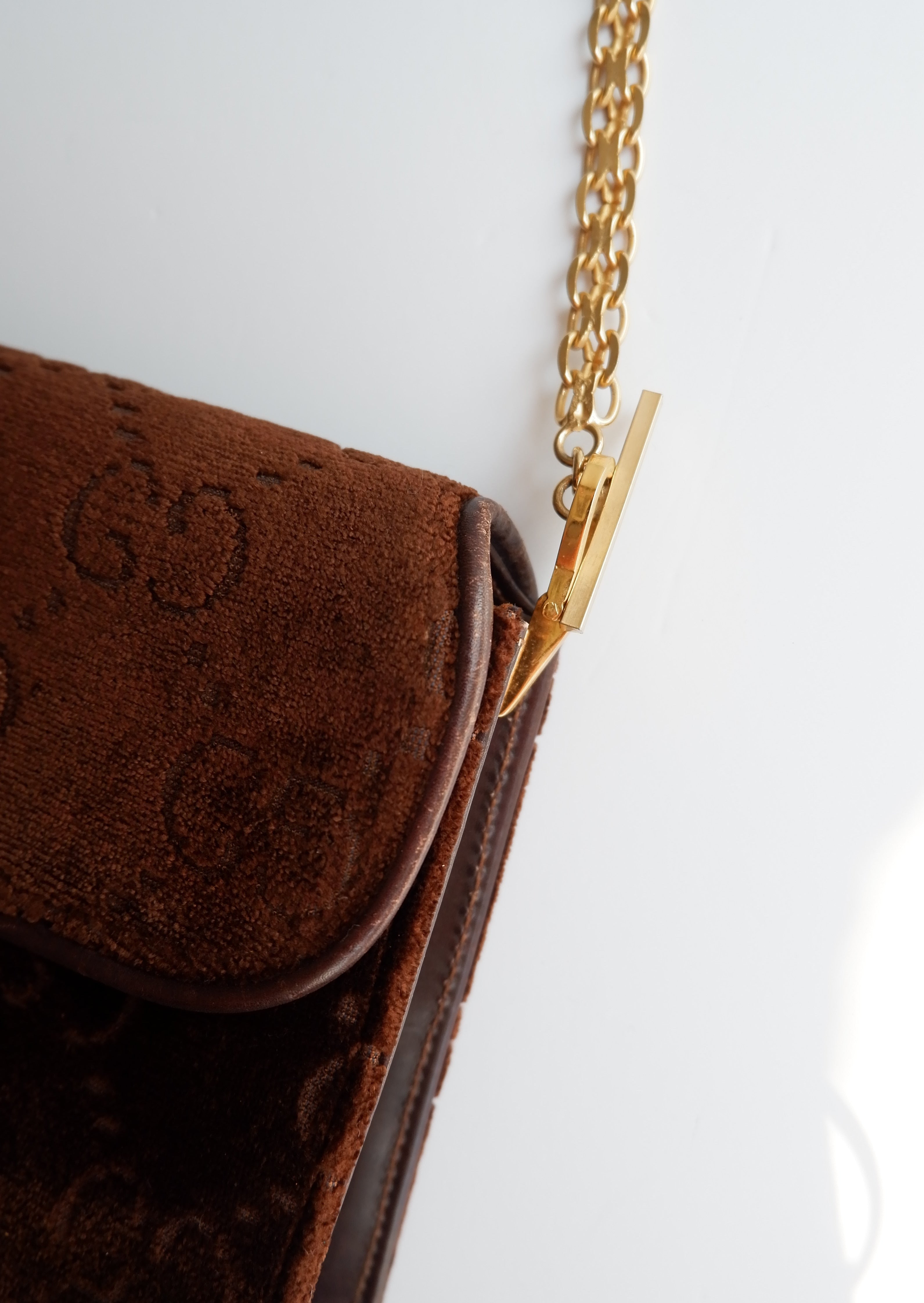 Authentic Preowned Vintage Gucci Brown Velvet GG Print Shoulder Bag