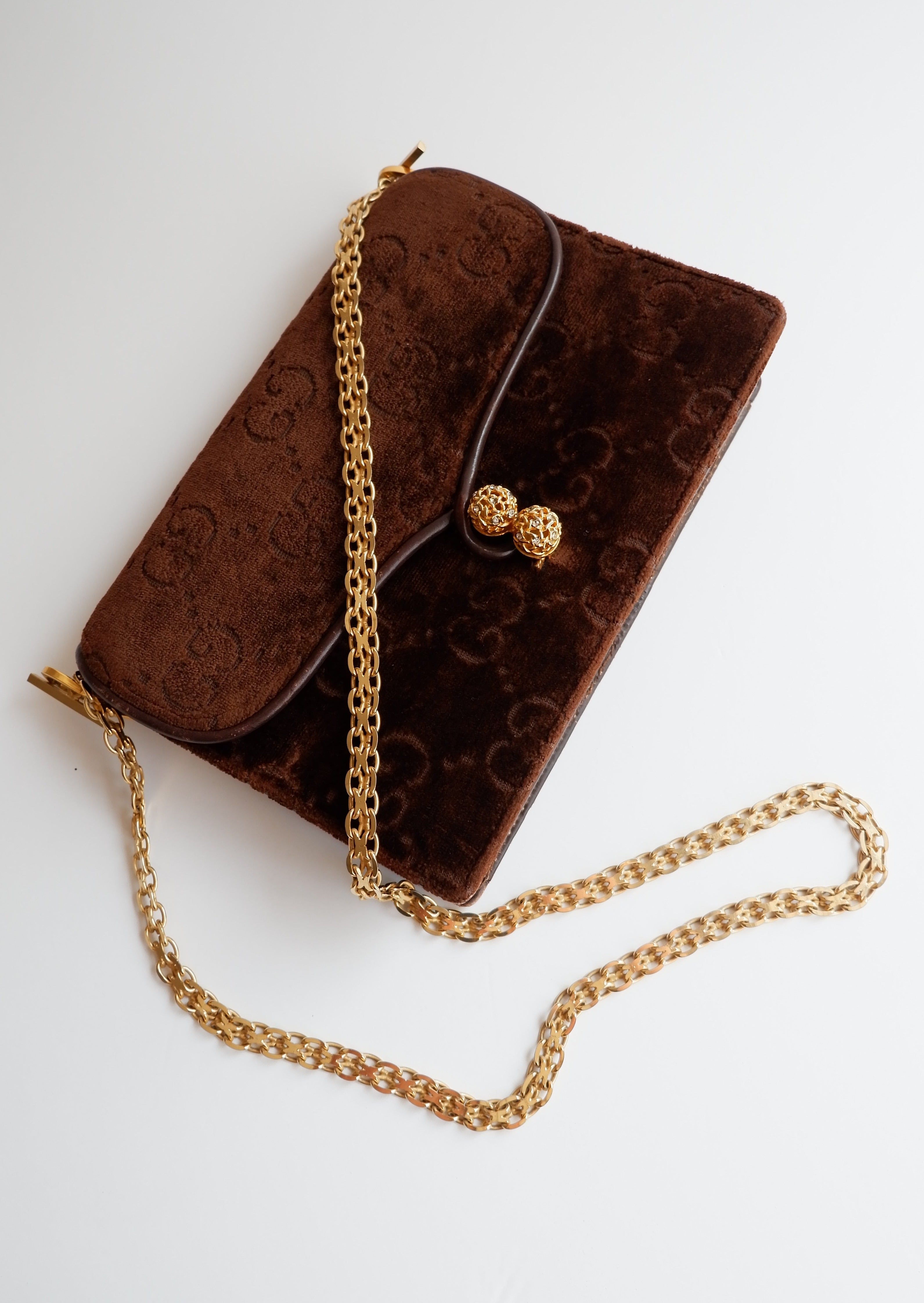 Authentique Sac à Bandoulière Vintage Gucci en Velours Marron Imprimé GG