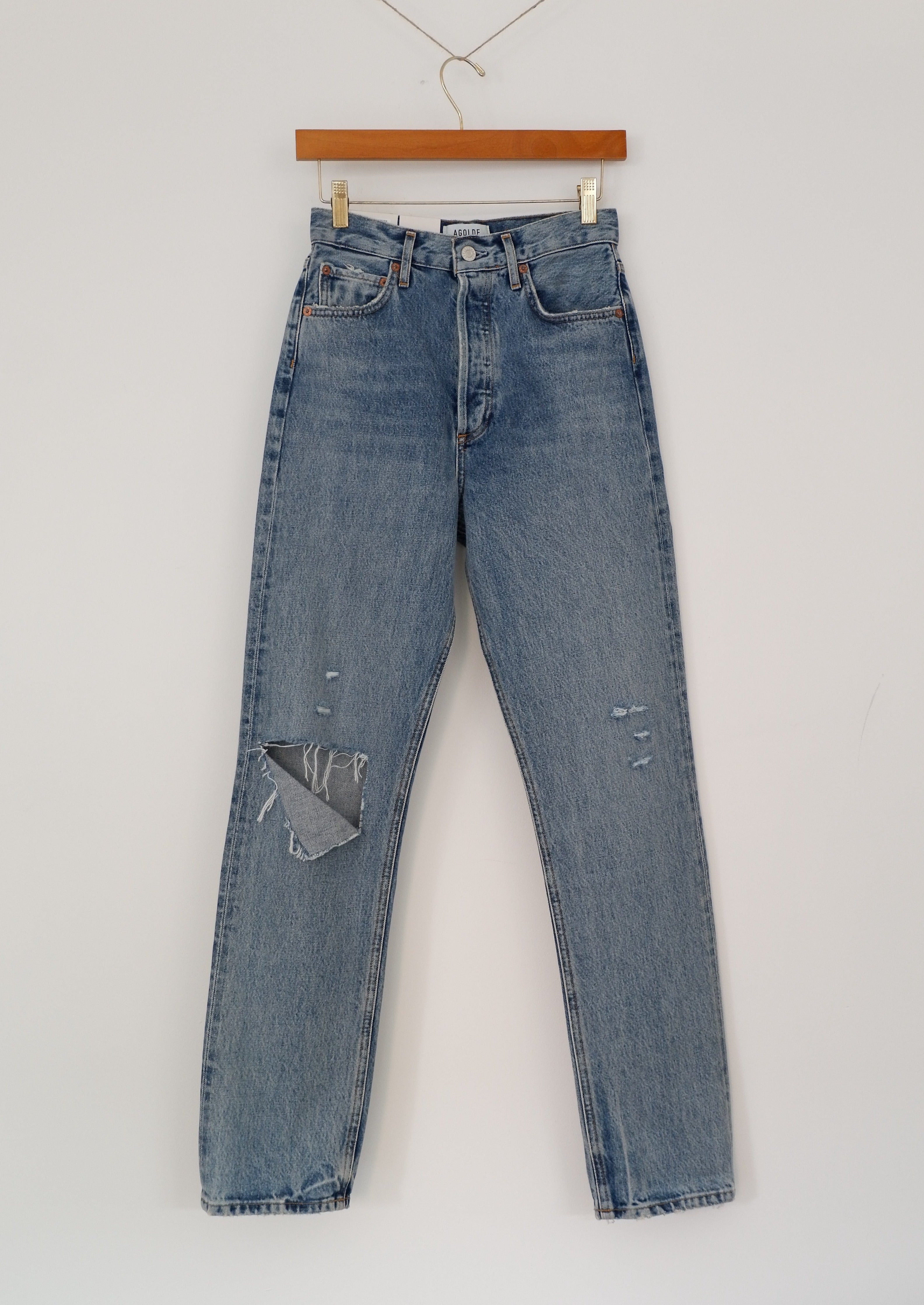 AGOLDE Jean droit taille haute taille pincée des années 90 à lavage moyen - 24