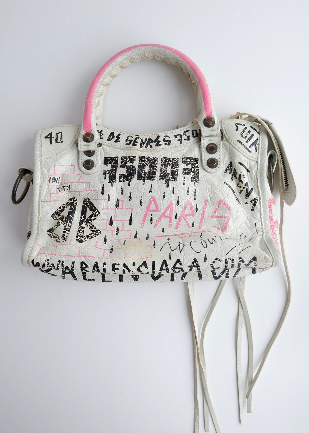 Sac Balenciaga City petite taille en cuir graffiti blanc/rose authentique d'occasion