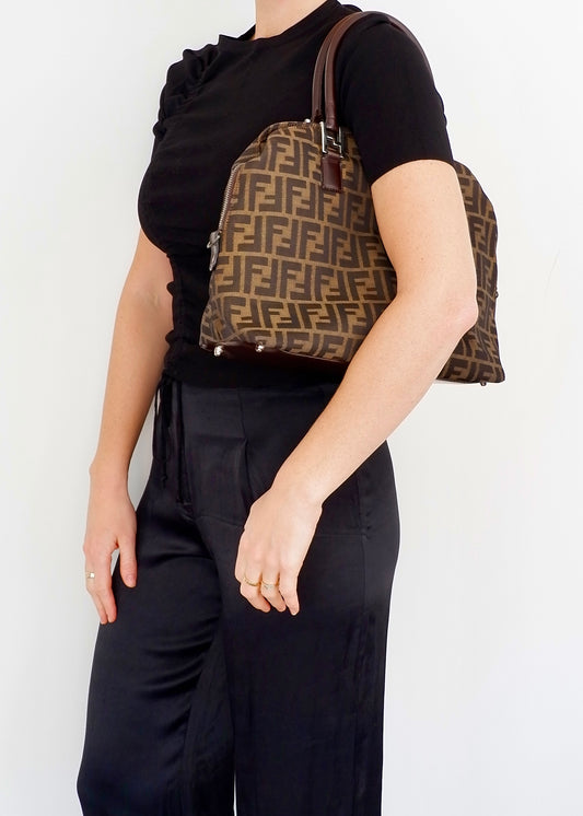 Authentic Preownd Vintage Fendi Brown Canvas Zucca Bowler Shoulder Bag
