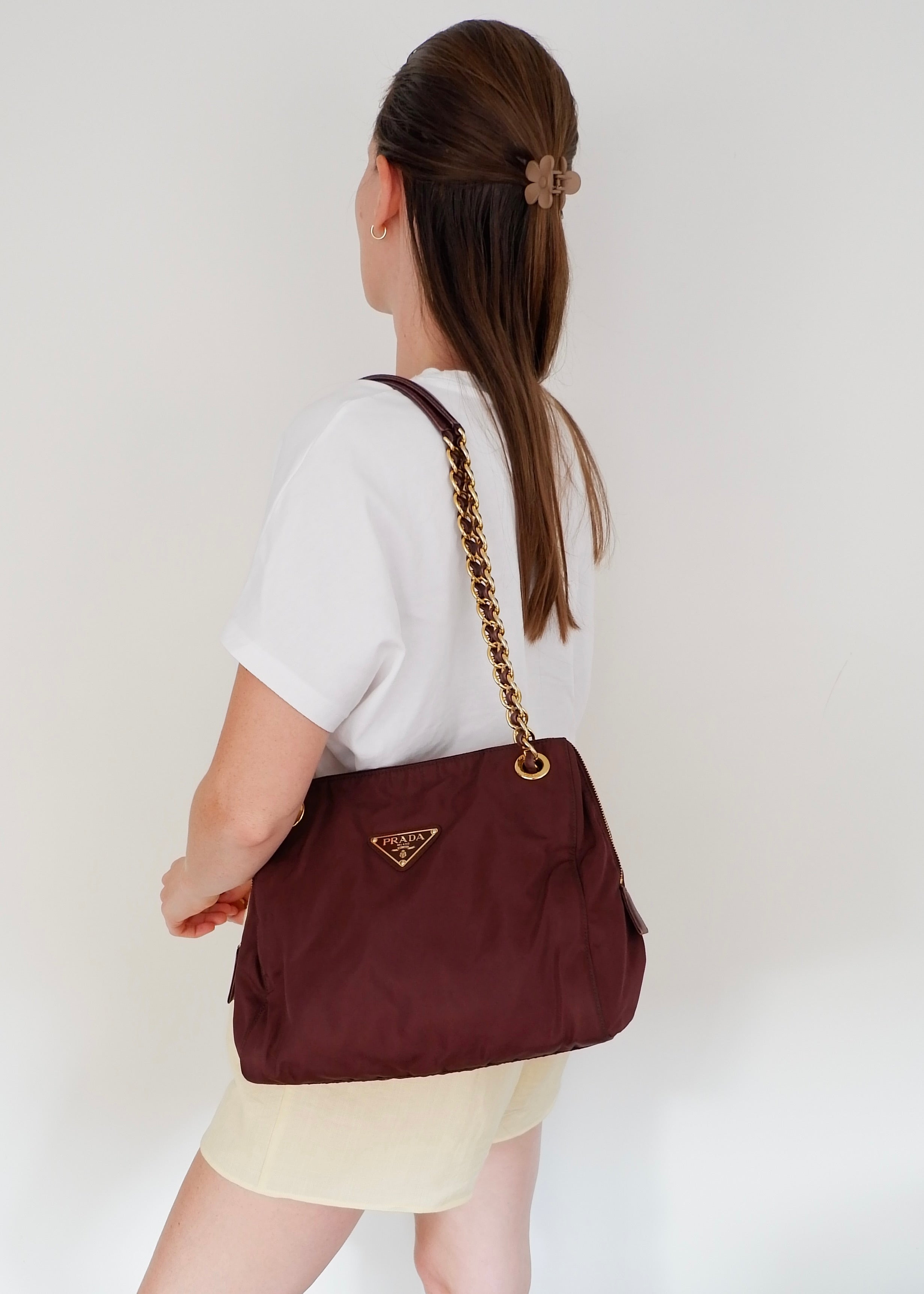 Preowned Prada Burgundy Nylon Chain Shoulder Tote
