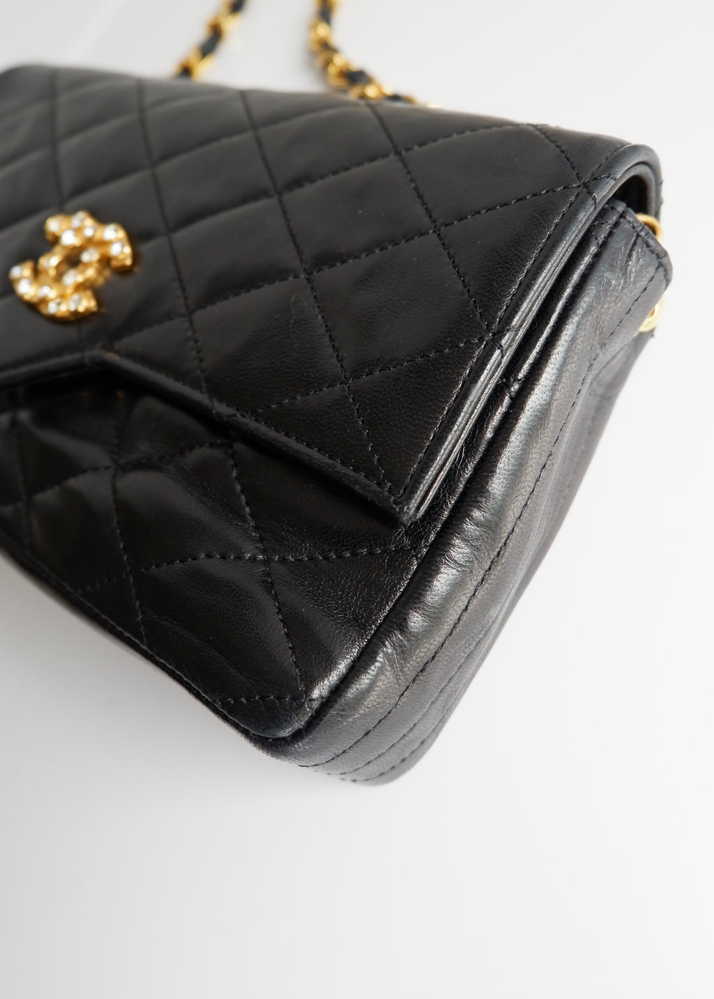 Authentic Preowned Vintage Chanel Black Lambskin Quilted Single Flap Crystal CC Logo Bag GHW