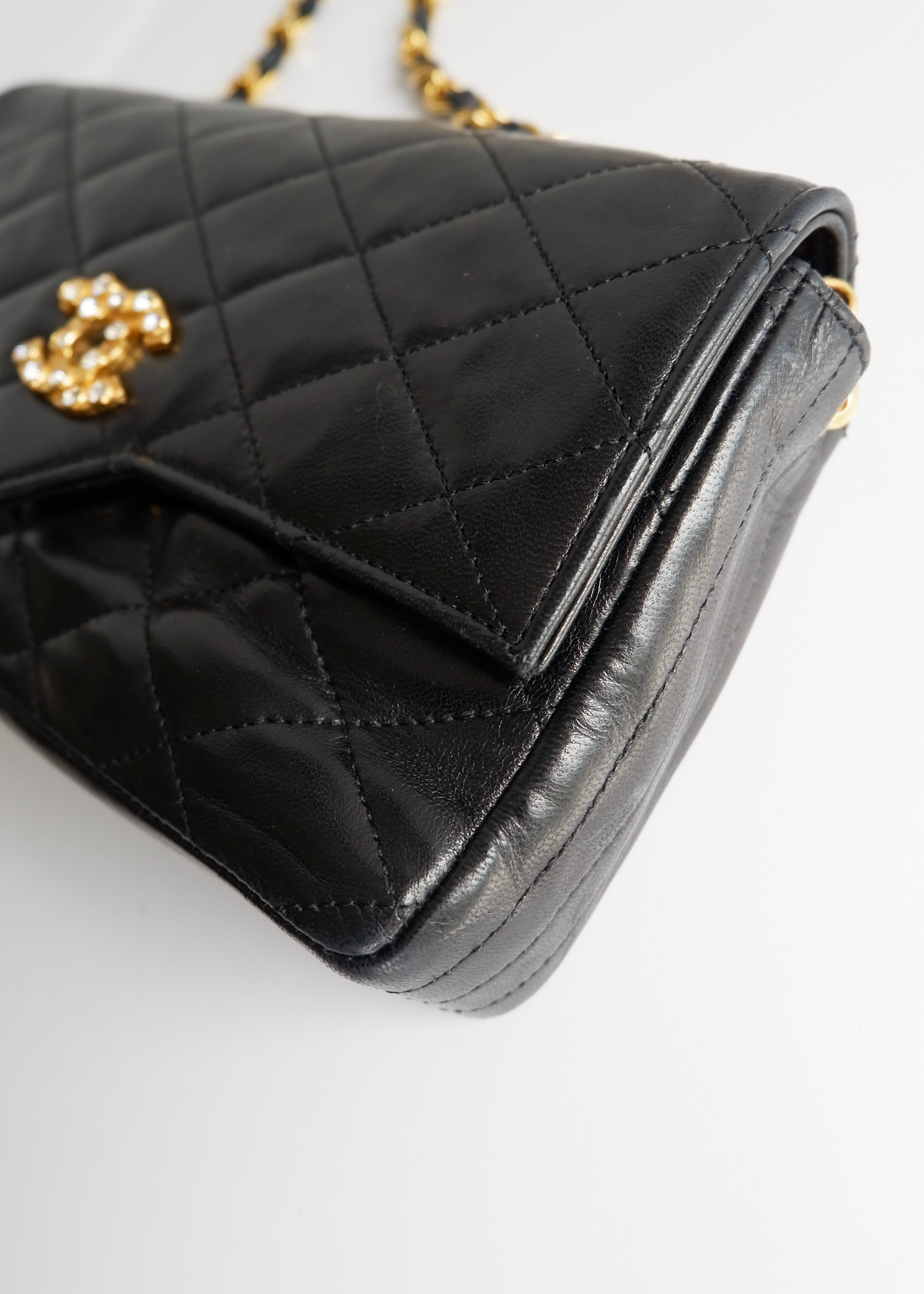 Authentic Preowned Vintage Chanel Black Lambskin Quilted Single Flap Crystal CC Logo Bag GHW
