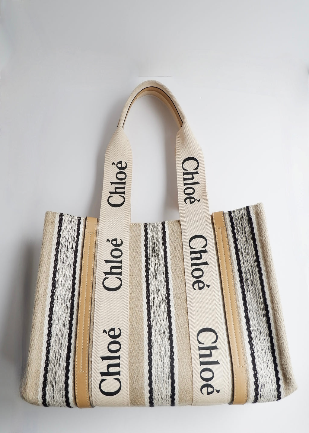 Authentic Preowned Chloe Beige/Black Striped Canvas Medium Woody Tote Bag