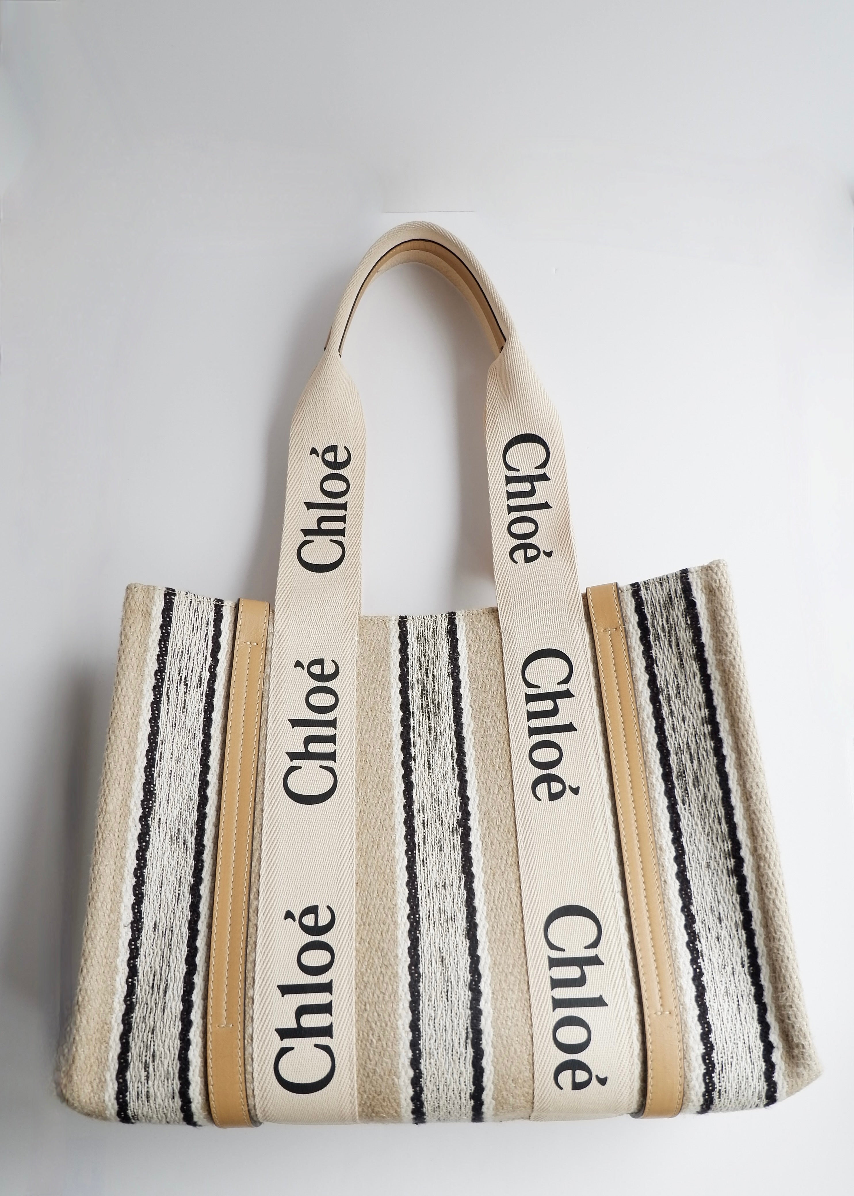 Authentic Preowned Chloe Beige/Black Striped Canvas Medium Woody Tote Bag