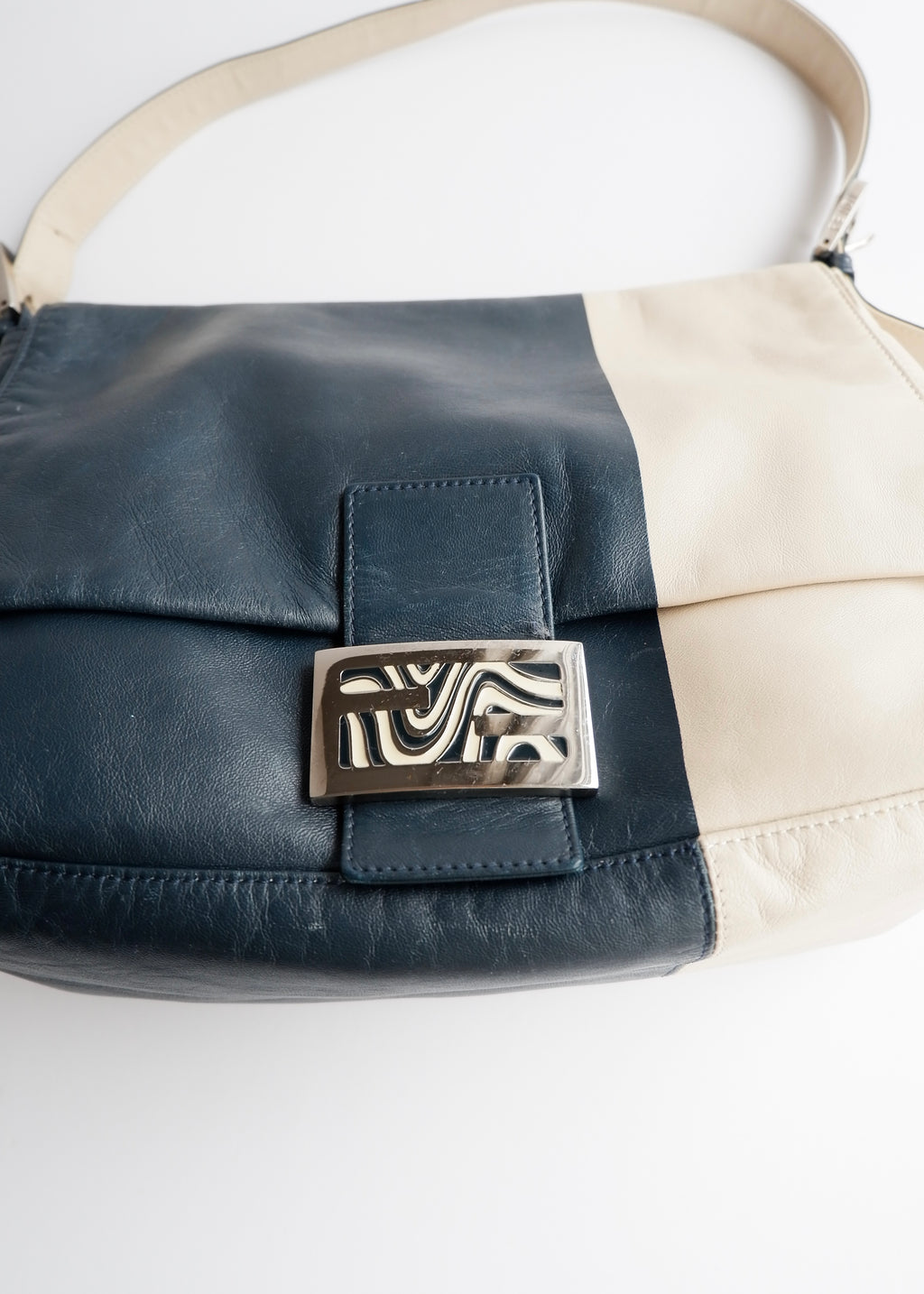 Preowned Fendi Blue/ Beige Leather Mamma Baguette Shoulder Bag