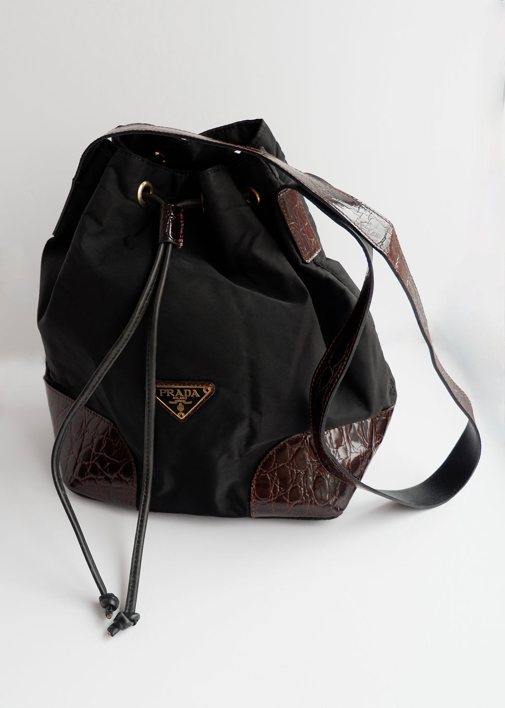 Authentic Preowned Prada Black/Brown Nylon/Leather Bucket Shoulder Bag