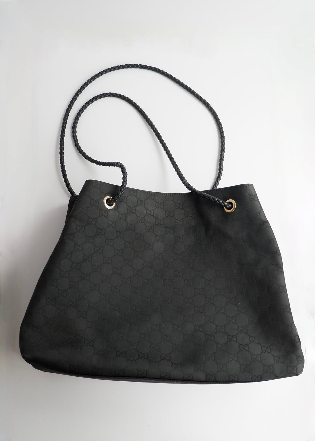 Preowned Gucci Black GG Canvas Leather Woven Strap Shoulder Tote