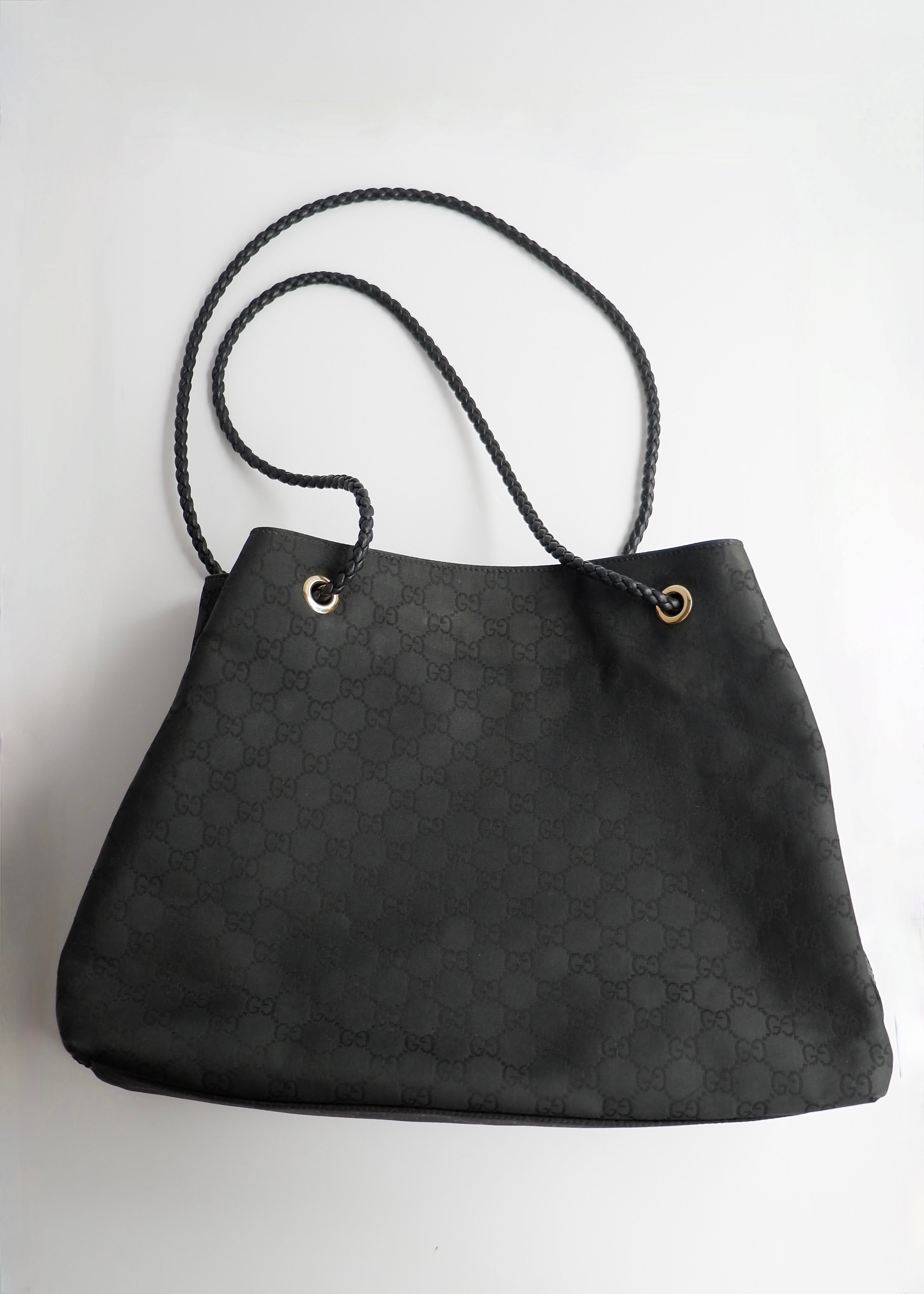 Preowned Gucci Black GG Canvas Leather Woven Strap Shoulder Tote