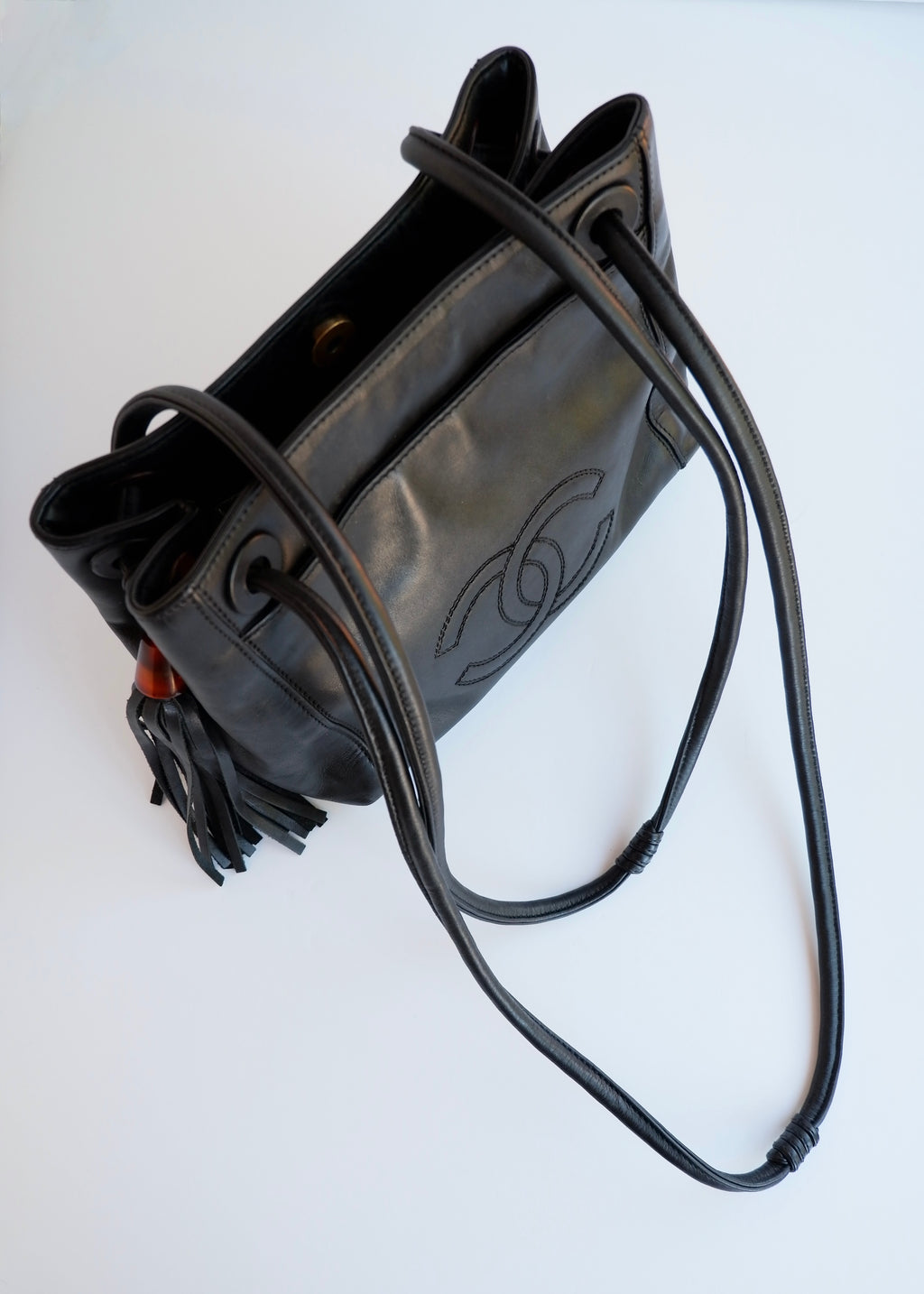 Authentic Preowned Vintage Chanel Black Leather CC Logo Tassel Shoulder Bag