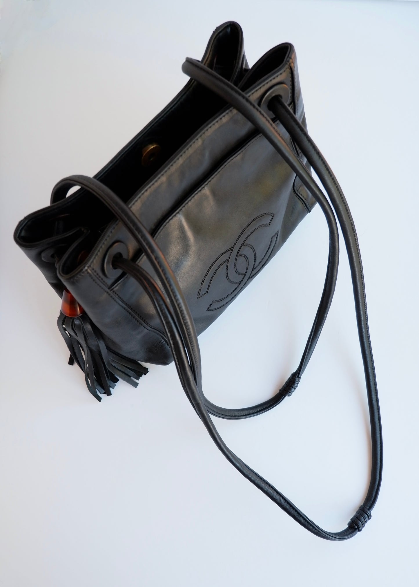 Authentic Preowned Vintage Chanel Black Leather CC Logo Tassel Shoulder Bag