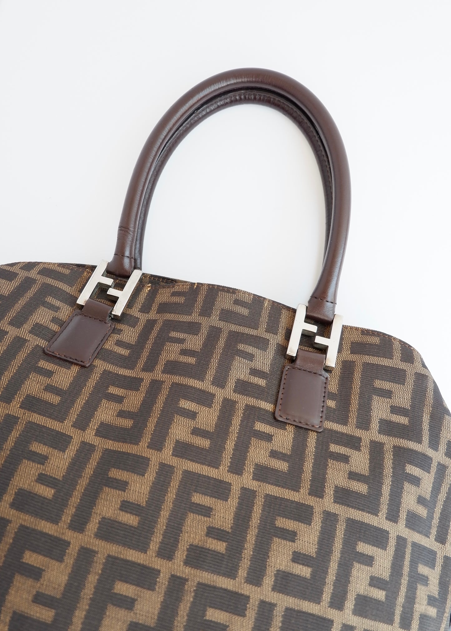 Authentic Preownd Vintage Fendi Brown Canvas Zucca Bowler Shoulder Bag