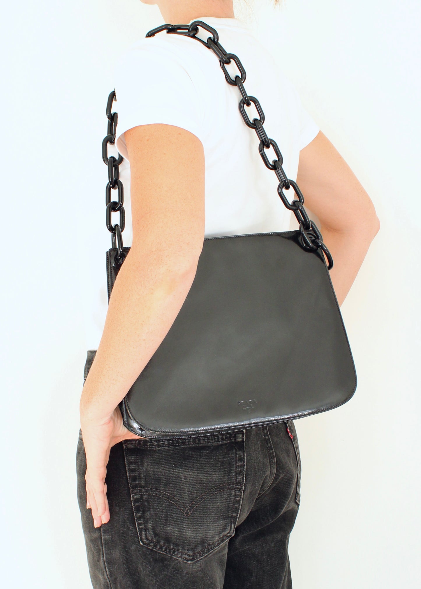 Authentic Preowned Vintage Prada Black Patent Leather Long Chain Shoulder Bag