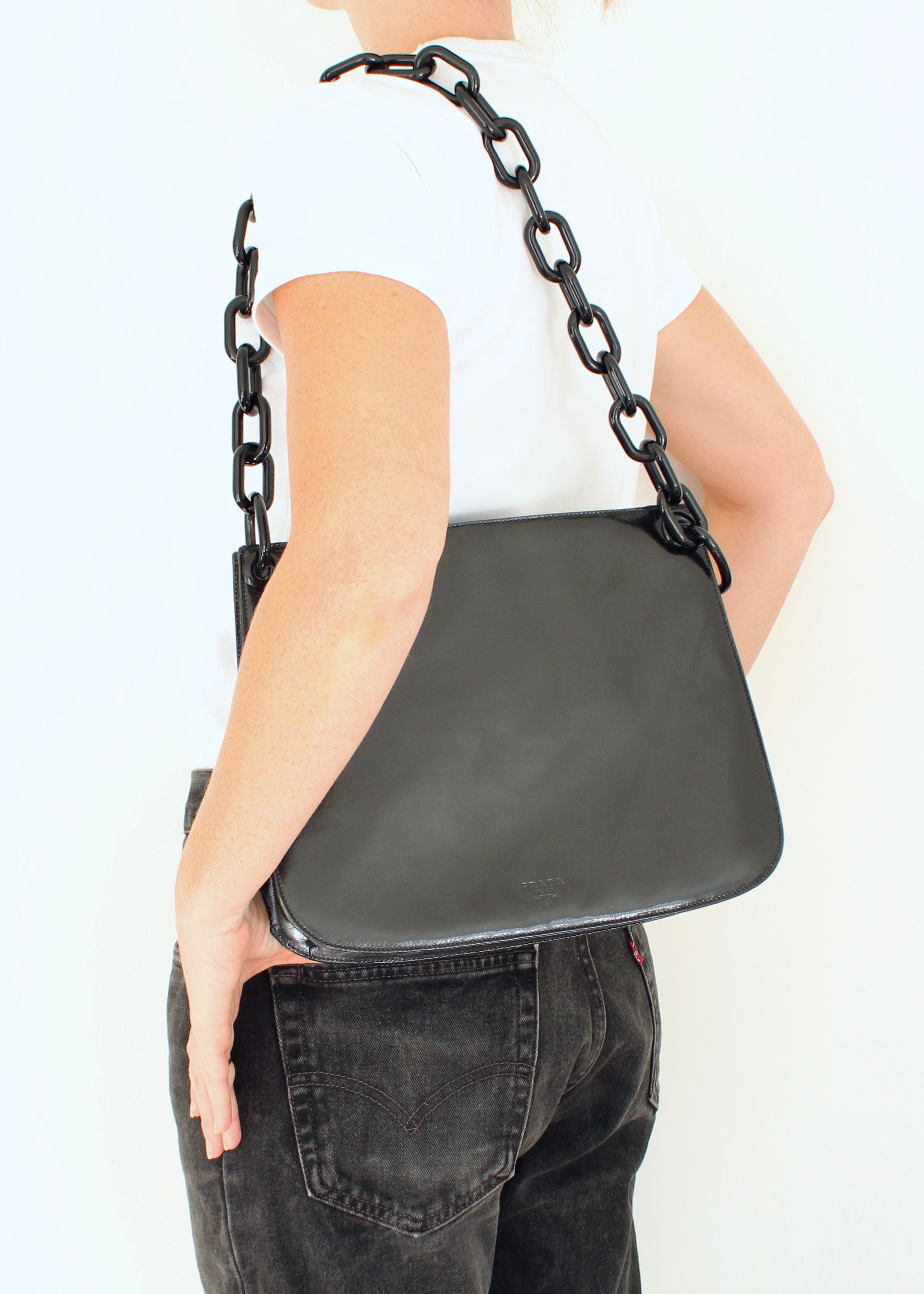 Authentic Preowned Vintage Prada Black Patent Leather Long Chain Shoulder Bag