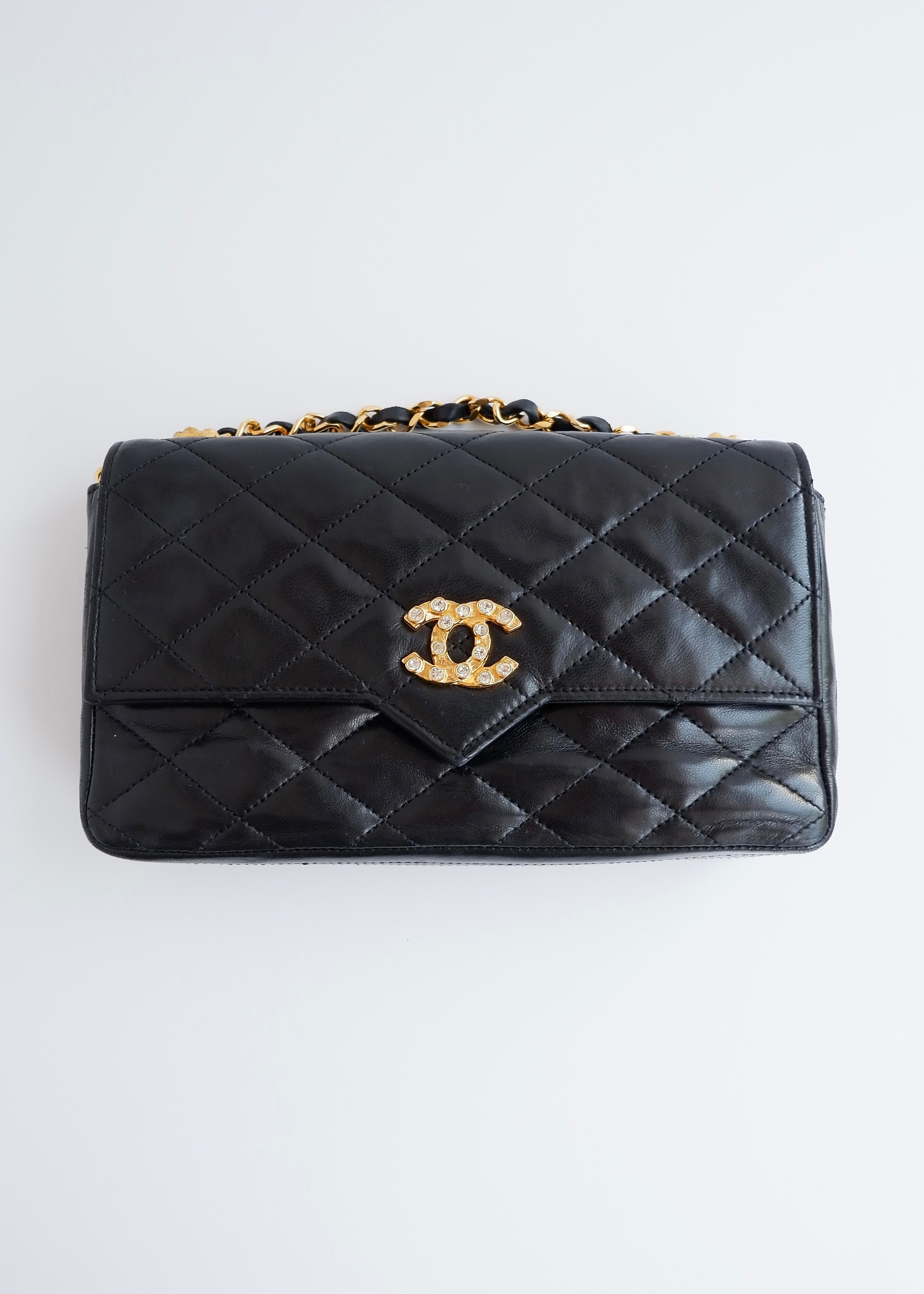 Authentic Preowned Vintage Chanel Black Lambskin Quilted Single Flap Crystal CC Logo Bag GHW