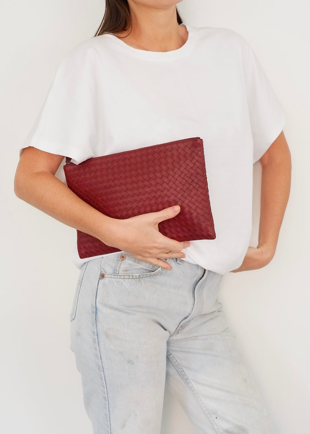 Authentic Prowned Bottega Veneta Burgundy Leather Woven Pouch