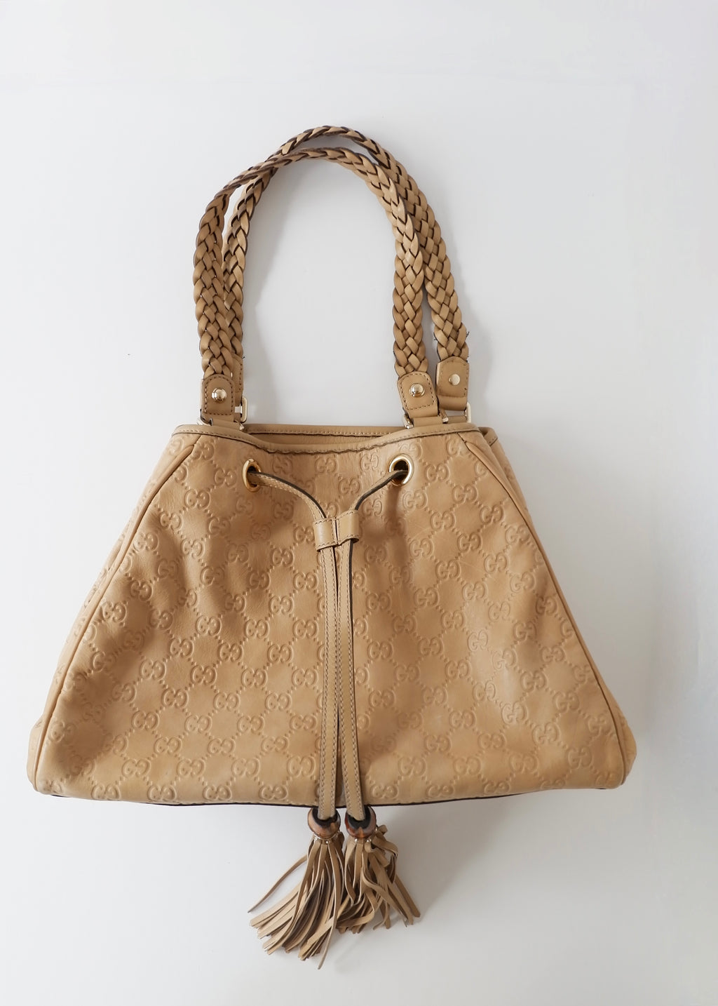 Authentic Preowned Gucci Beige Leagther Guccissima Peggy Tassel Shoulder Bag