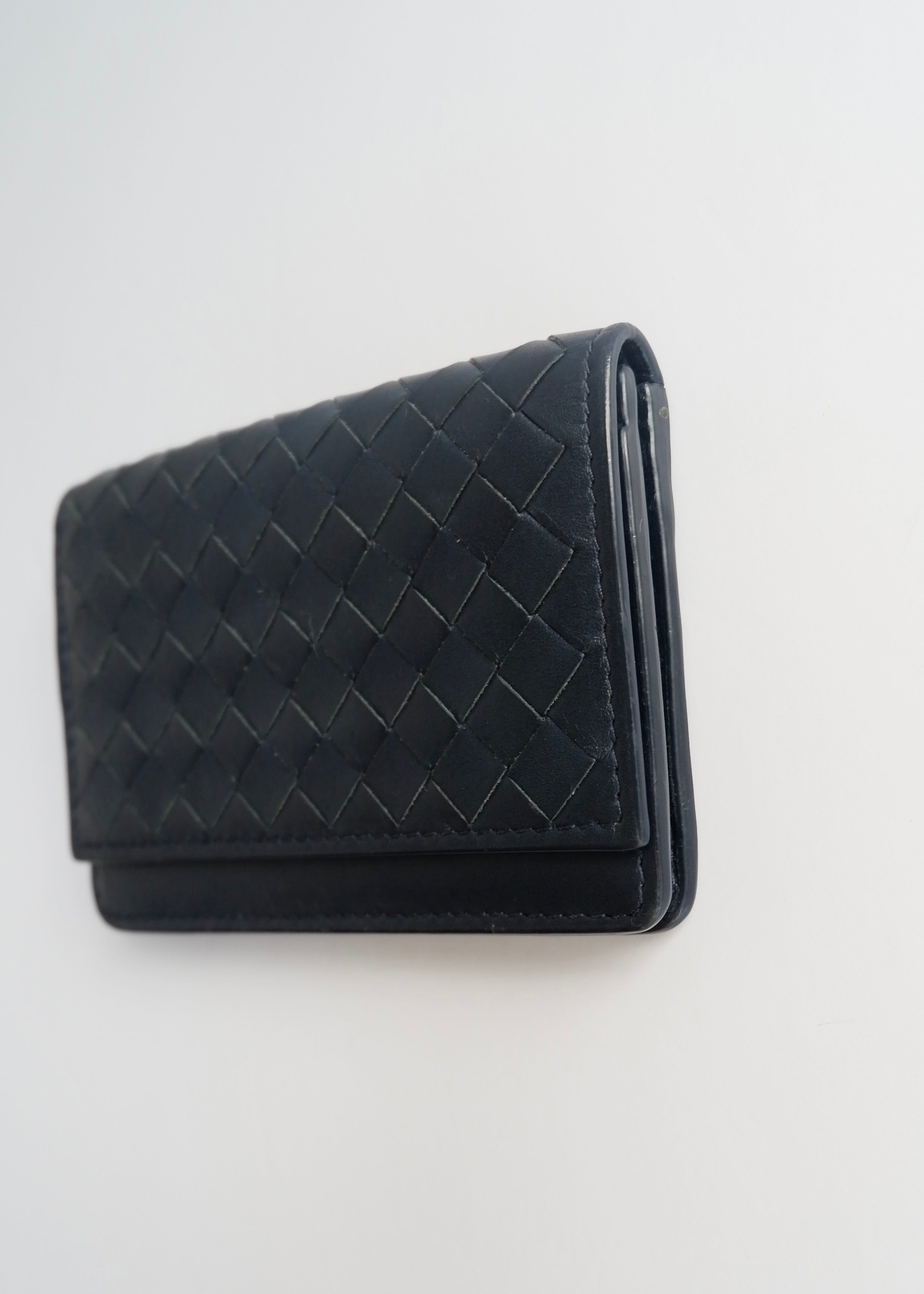 Preowned Bottega Veneta Navy Woven Leather Card Holder