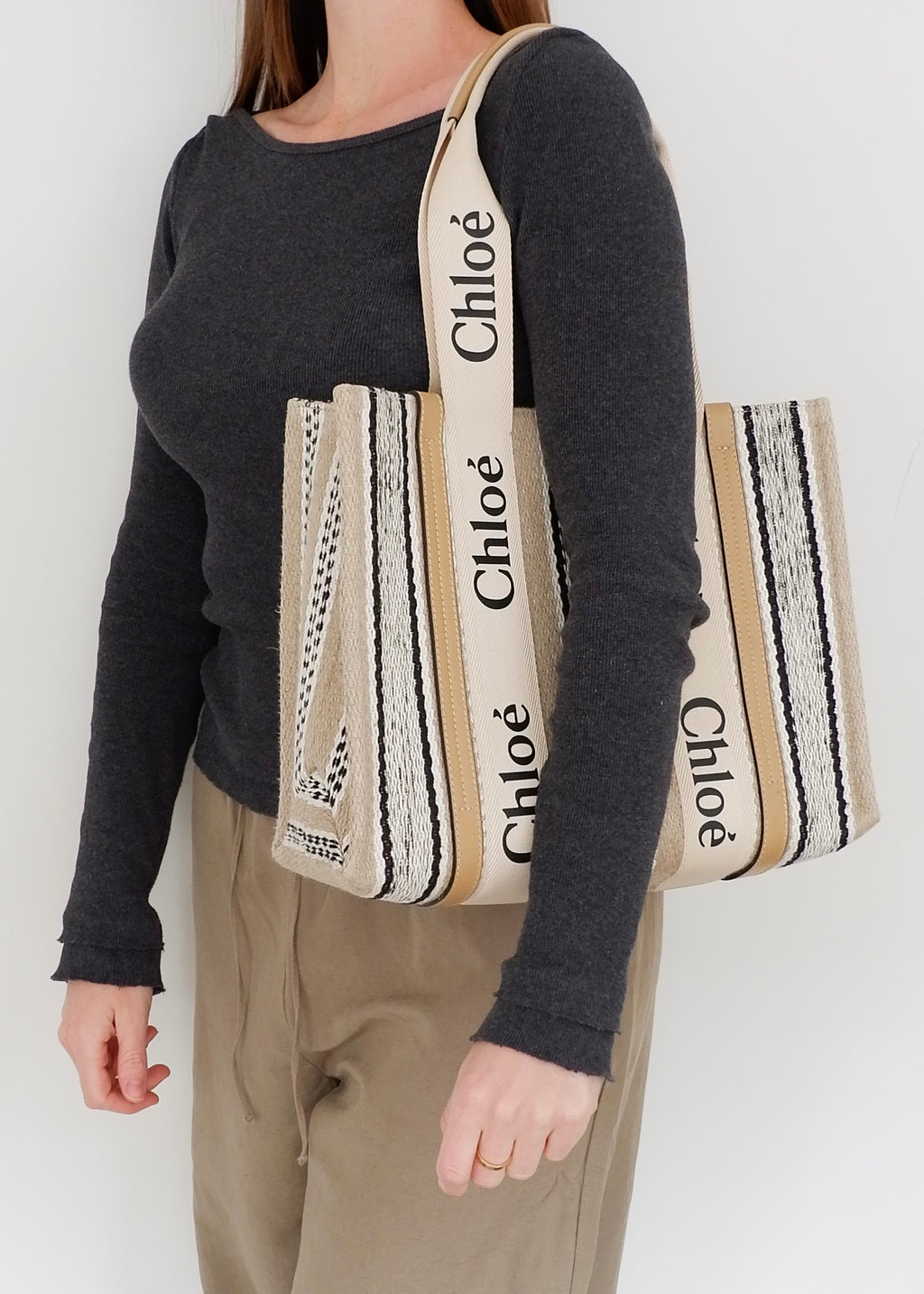 Authentic Preowned Chloe Beige/Black Striped Canvas Medium Woody Tote Bag