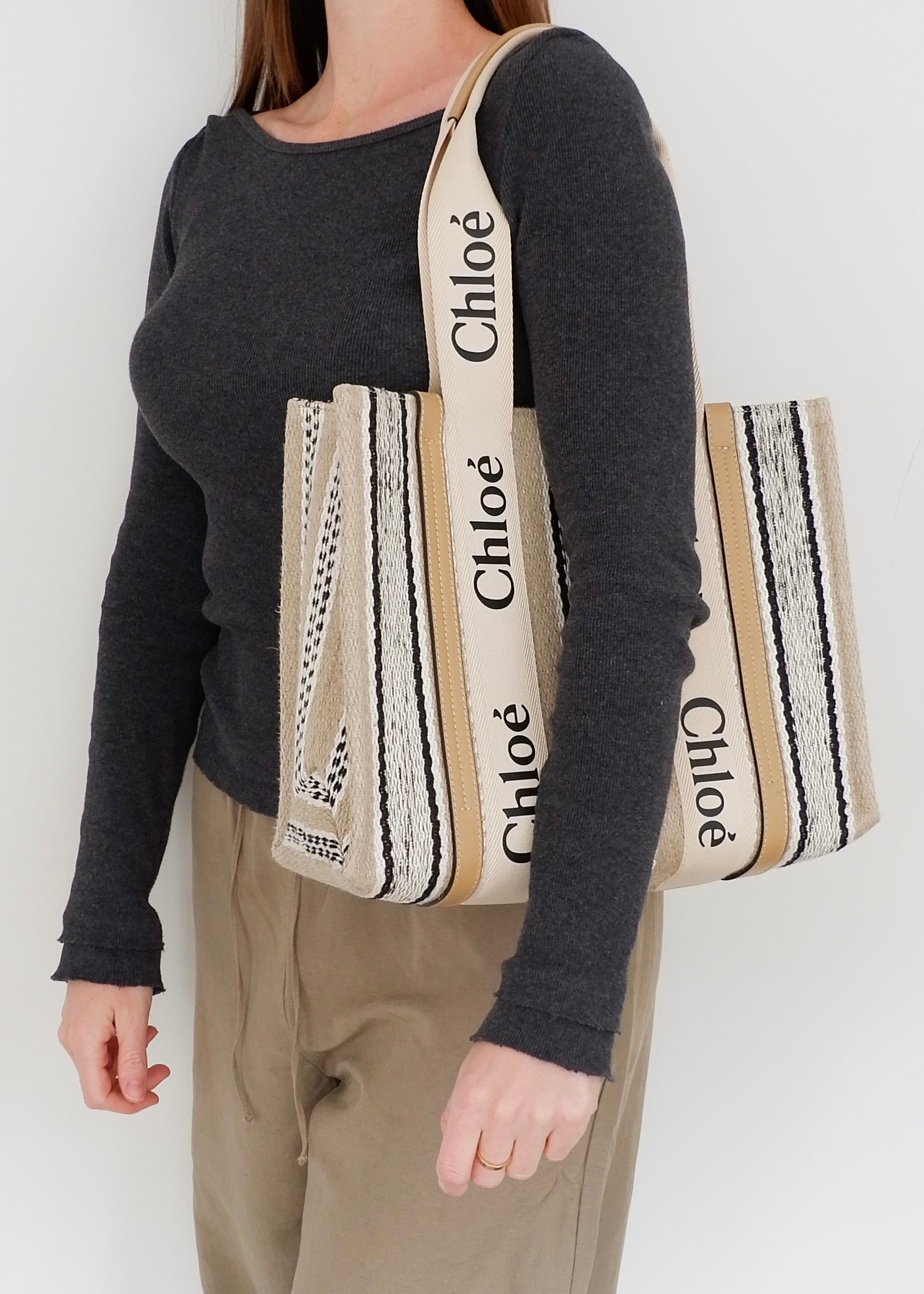 Authentic Preowned Chloe Beige/Black Striped Canvas Medium Woody Tote Bag