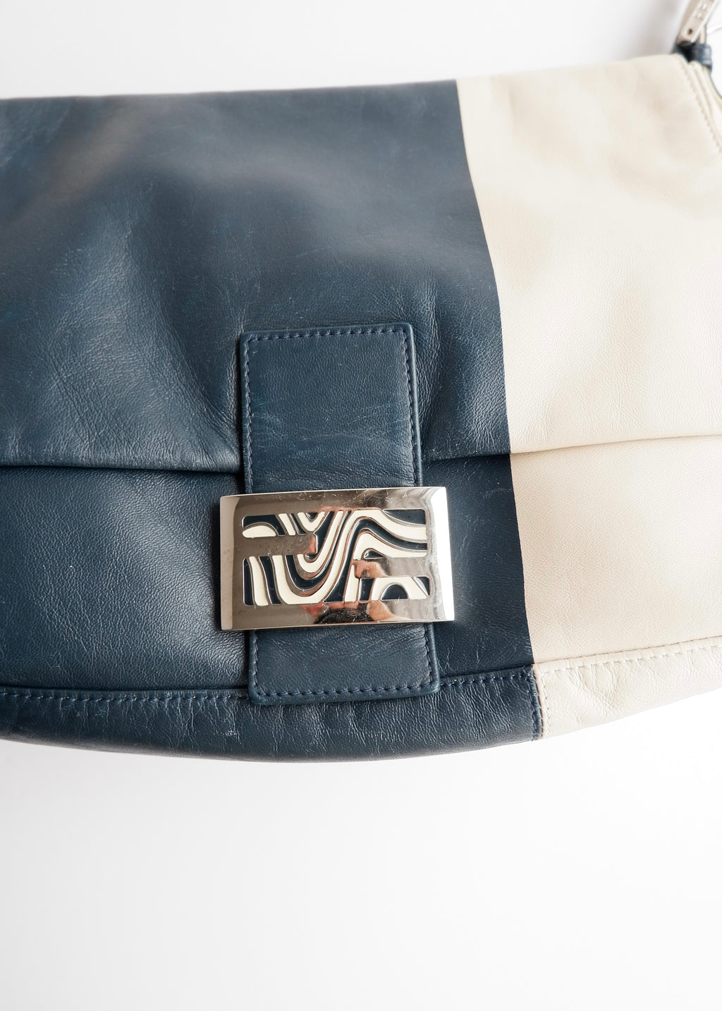 Preowned Fendi Blue/ Beige Leather Mamma Baguette Shoulder Bag