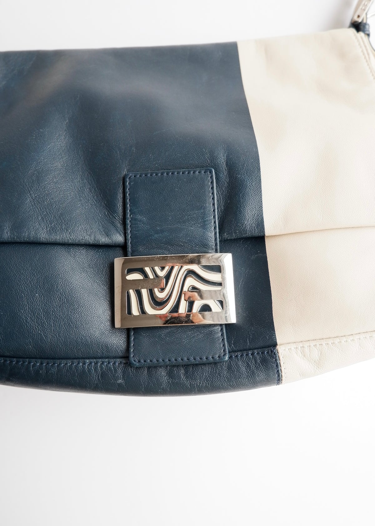 Preowned Fendi Blue/ Beige Leather Mamma Baguette Shoulder Bag