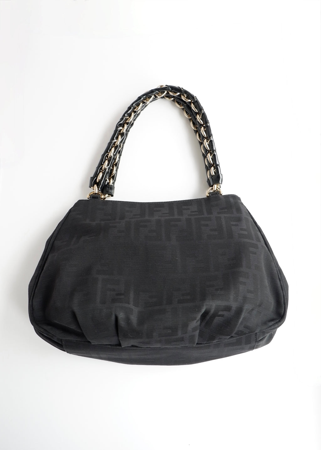 Preowned Fendi Black Zucca Print Gold FF Logo Shoulder Bag