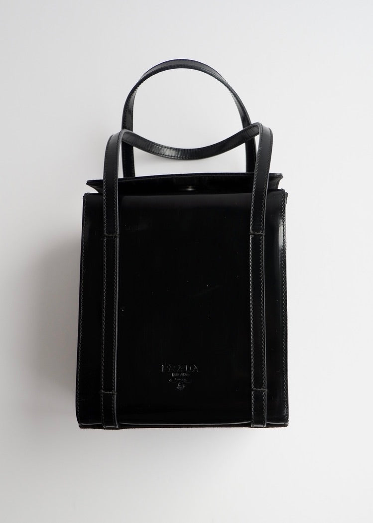 Authentic Preowned Prada Black Patent Leather/Nylon Top Handle Bag