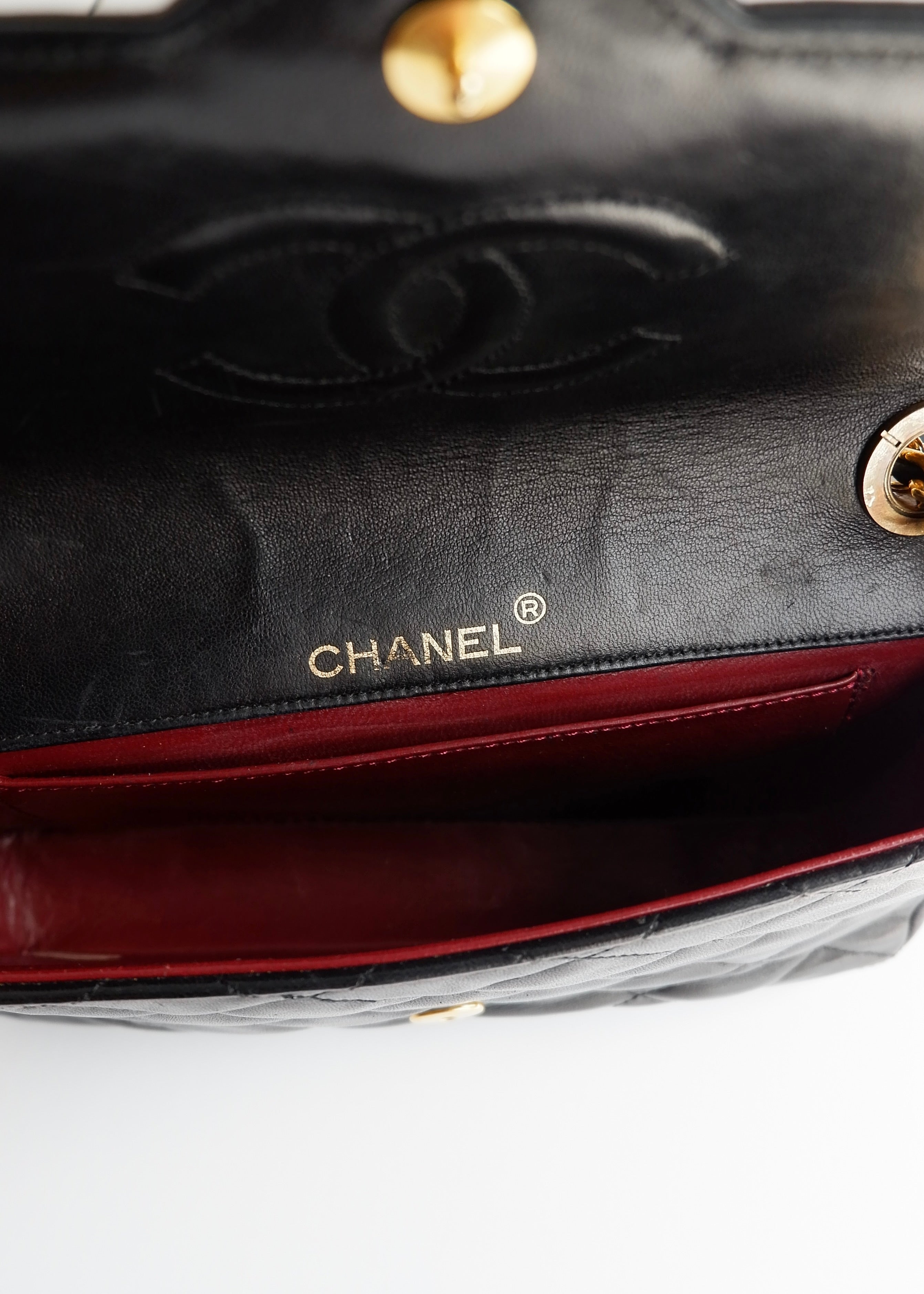 Authentic Preowned Vintage Chanel Black Lambskin Quilted Single Flap Crystal CC Logo Bag GHW
