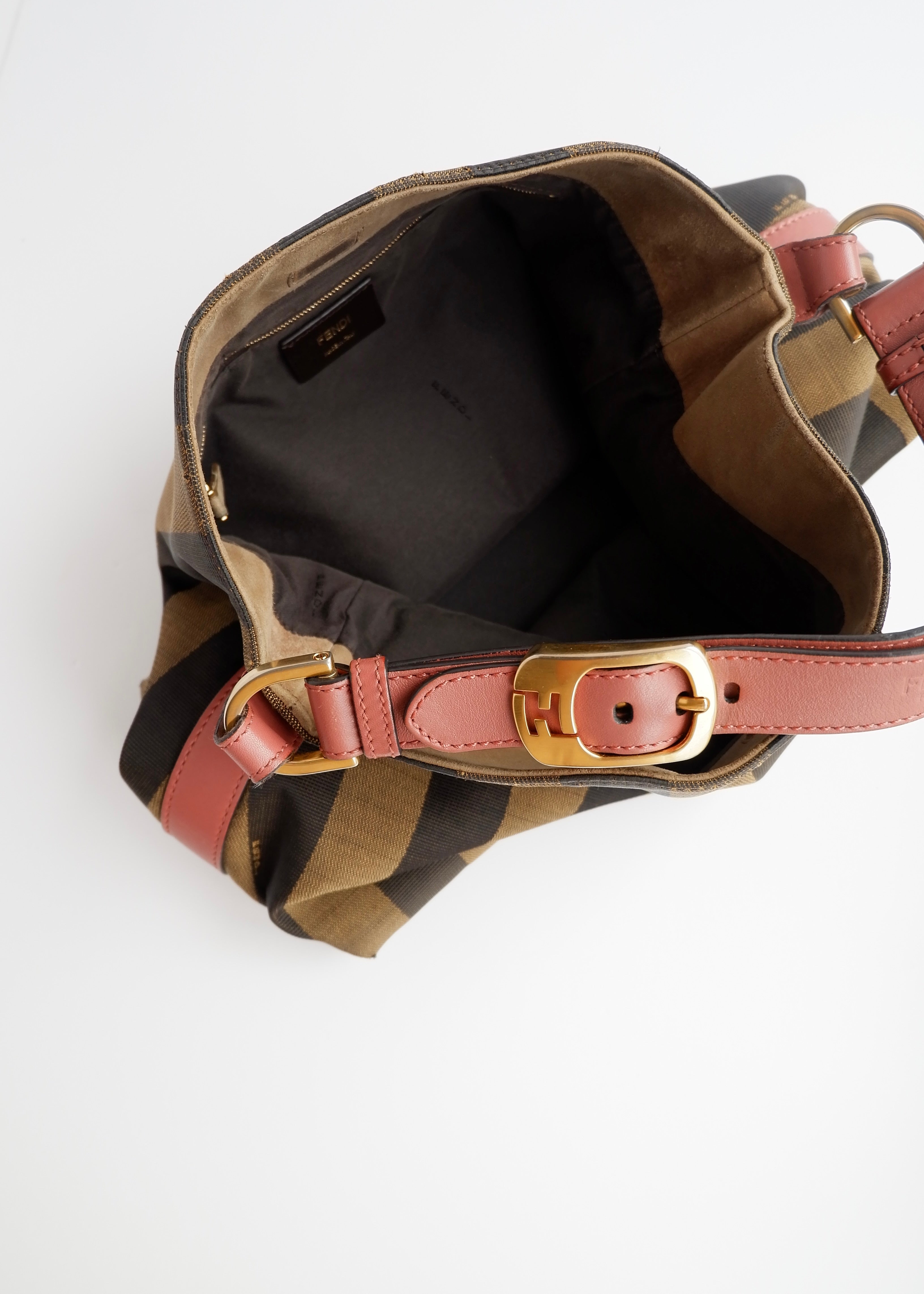 Authentique sac porté épaule Fendi d'occasion en toile/cuir Pequin marron/rose
