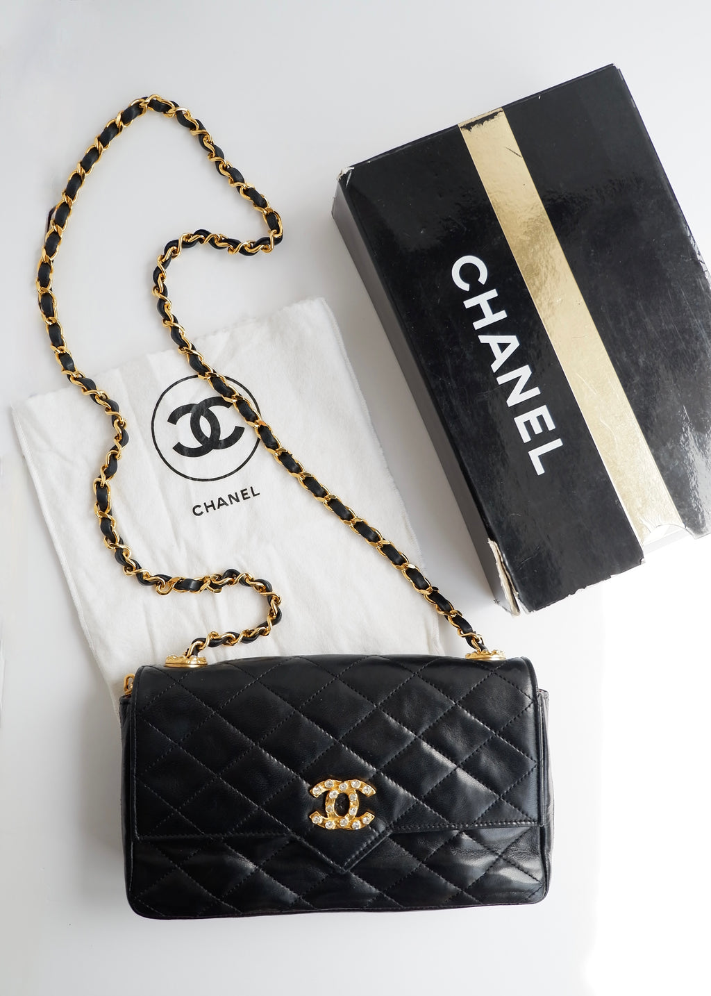 Authentic Preowned Vintage Chanel Black Lambskin Quilted Single Flap Crystal CC Logo Bag GHW