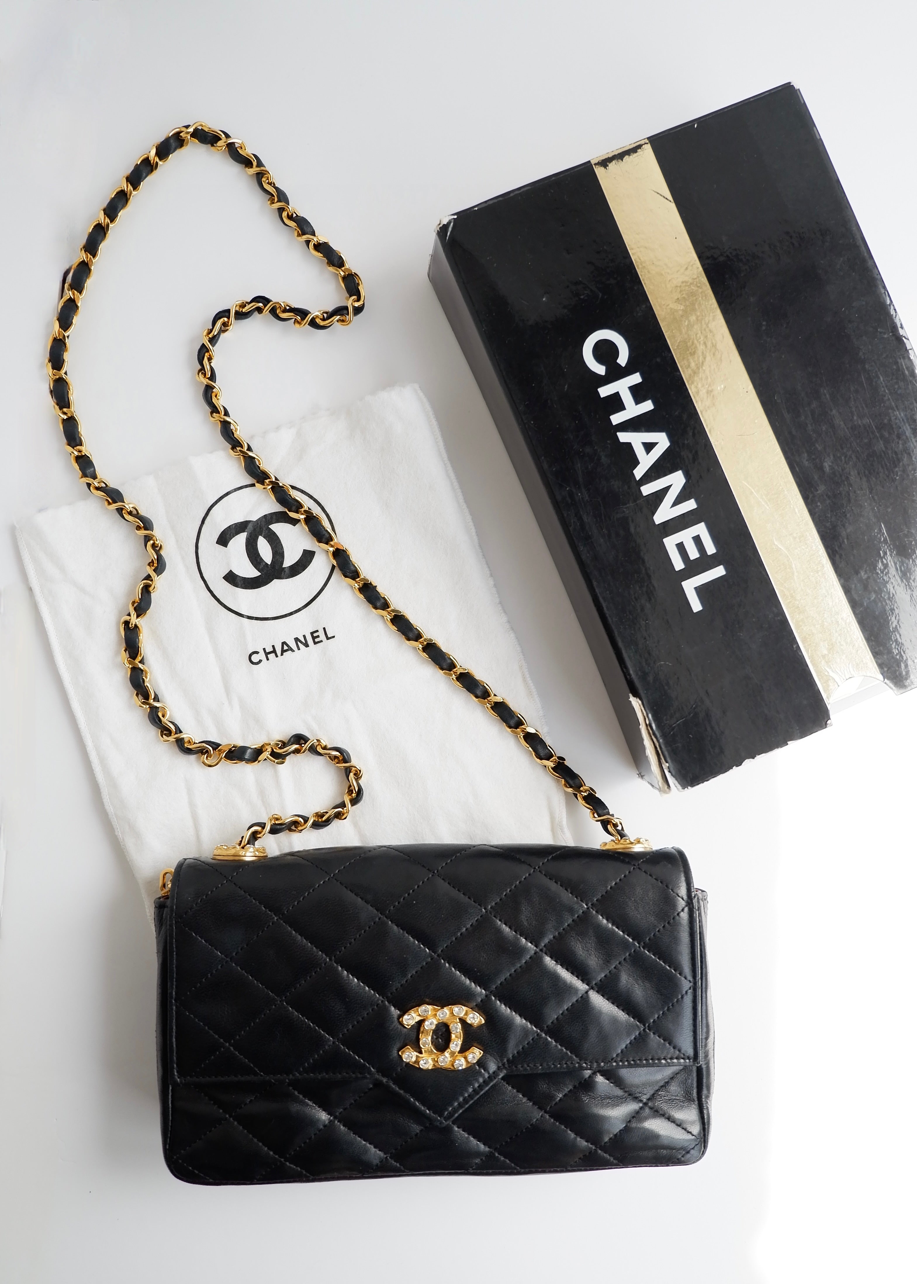 Authentic Preowned Vintage Chanel Black Lambskin Quilted Single Flap Crystal CC Logo Bag GHW