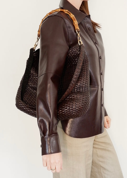 Authentic Preowned Gucci Brown Woven Leather Bamboo Hobo Shoulder Bag