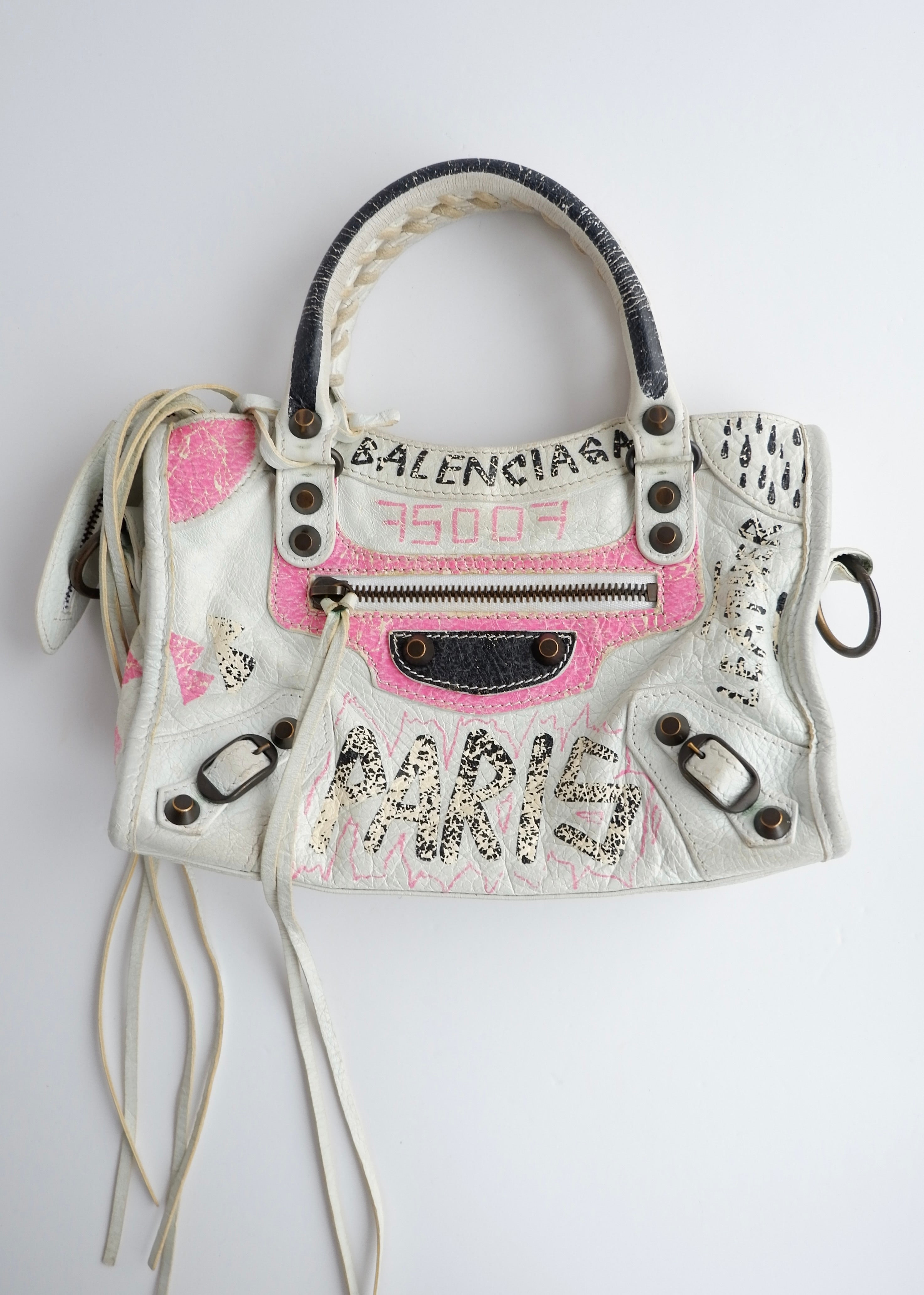 Sac Balenciaga City petite taille en cuir graffiti blanc/rose authentique d'occasion