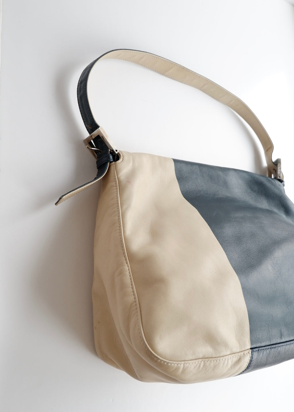 Preowned Fendi Blue/ Beige Leather Mamma Baguette Shoulder Bag