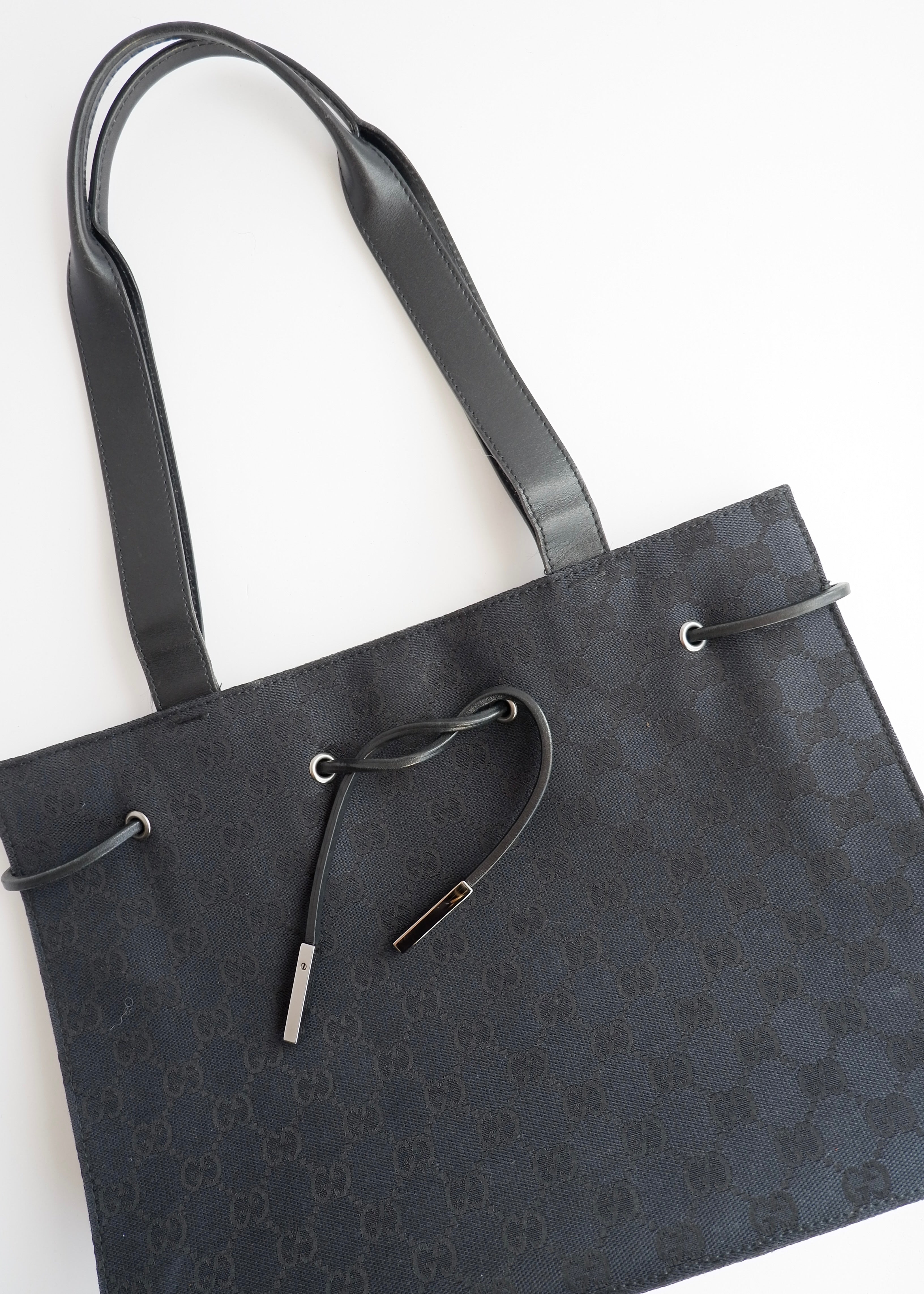 Authentic Preowned Vintage Gucci Black GG Canvas Drawstring Shoulder Bag