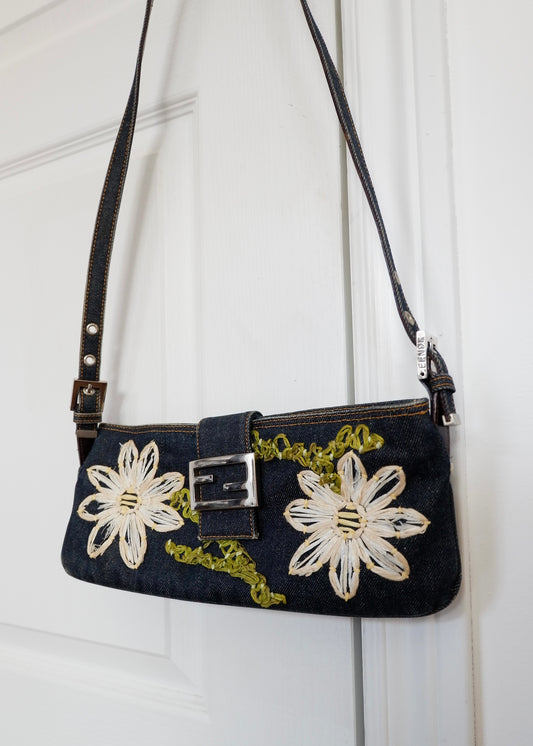 Authentic Preowned Fendi Mamma Denim Flower Emroidered Shoulder Bag