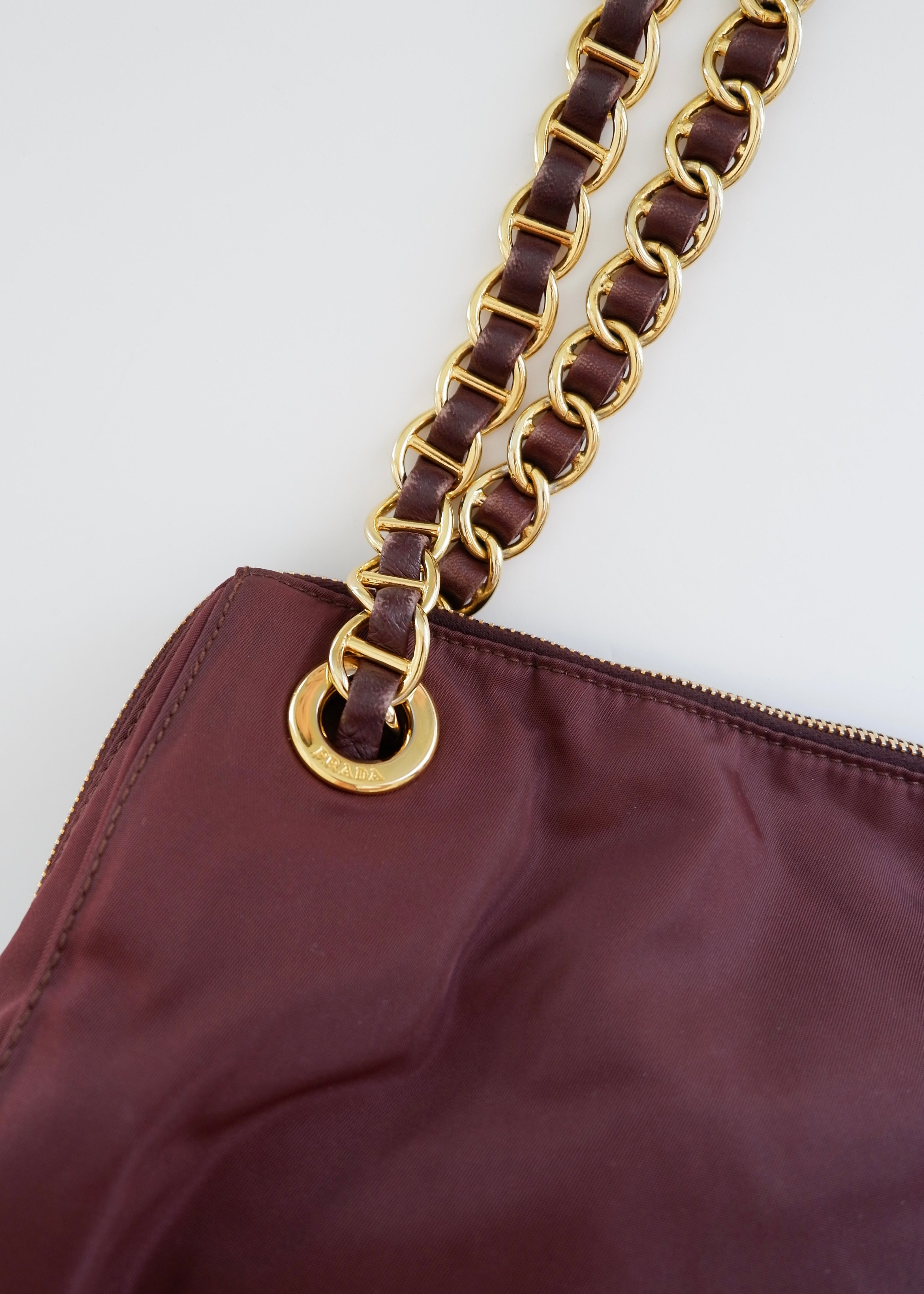 Preowned Prada Burgundy Nylon Chain Shoulder Tote