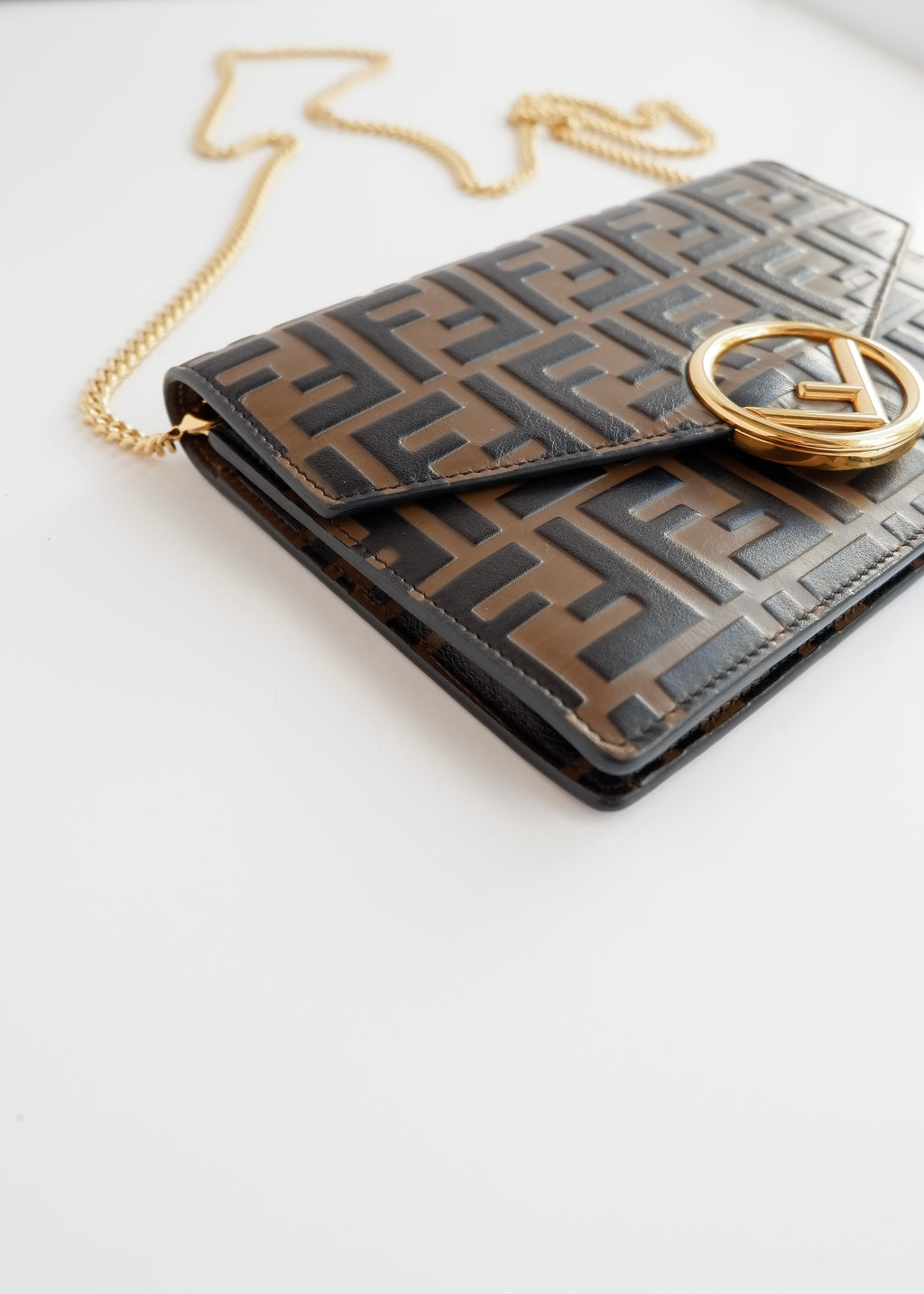 Preowned Fendi Brown Zucca Embossed Leather Wallet on Chain