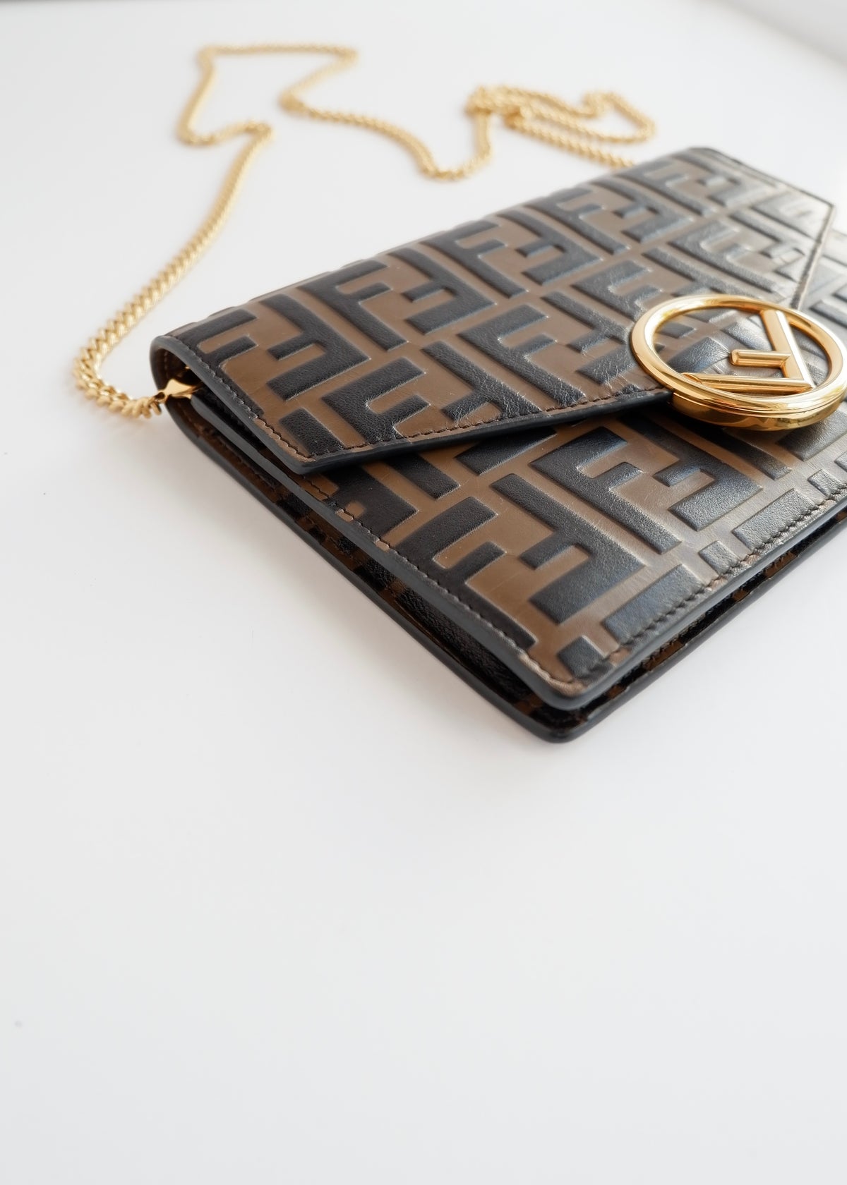 Preowned Fendi Brown Zucca Embossed Leather Wallet on Chain