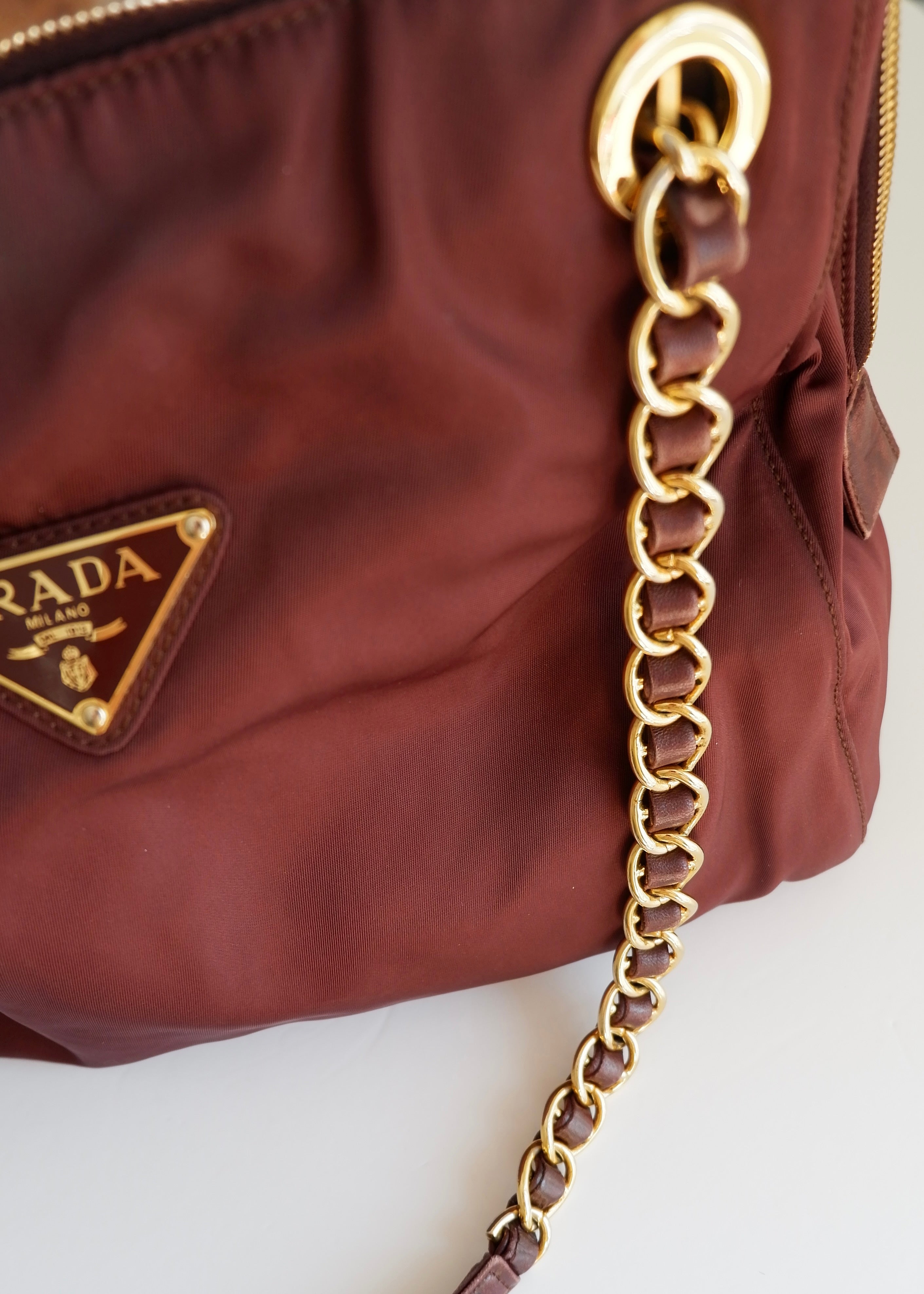 Preowned Prada Burgundy Nylon Chain Shoulder Tote