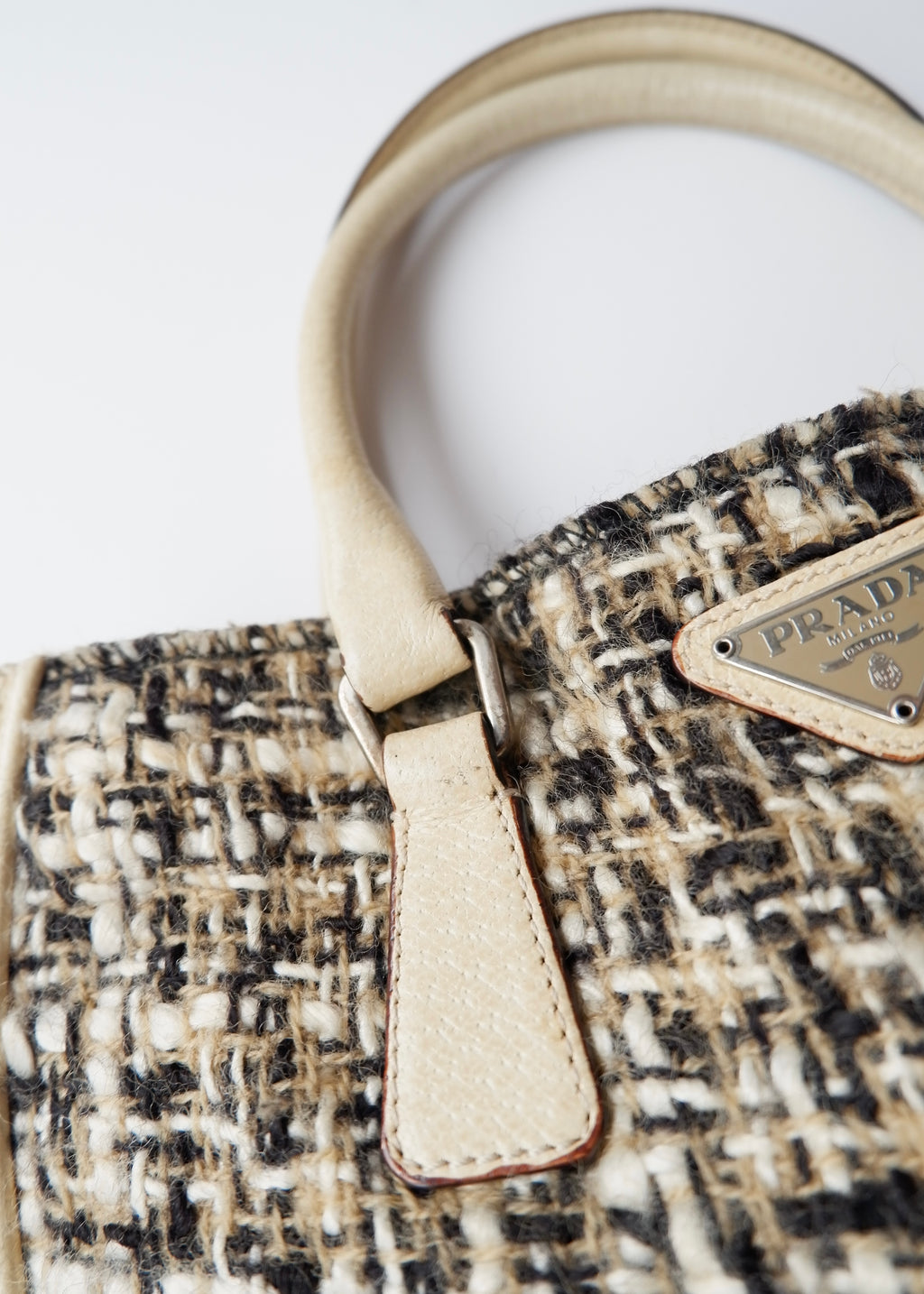 Preowned Prada Beige Tweed/ Leather Top Handle Bag