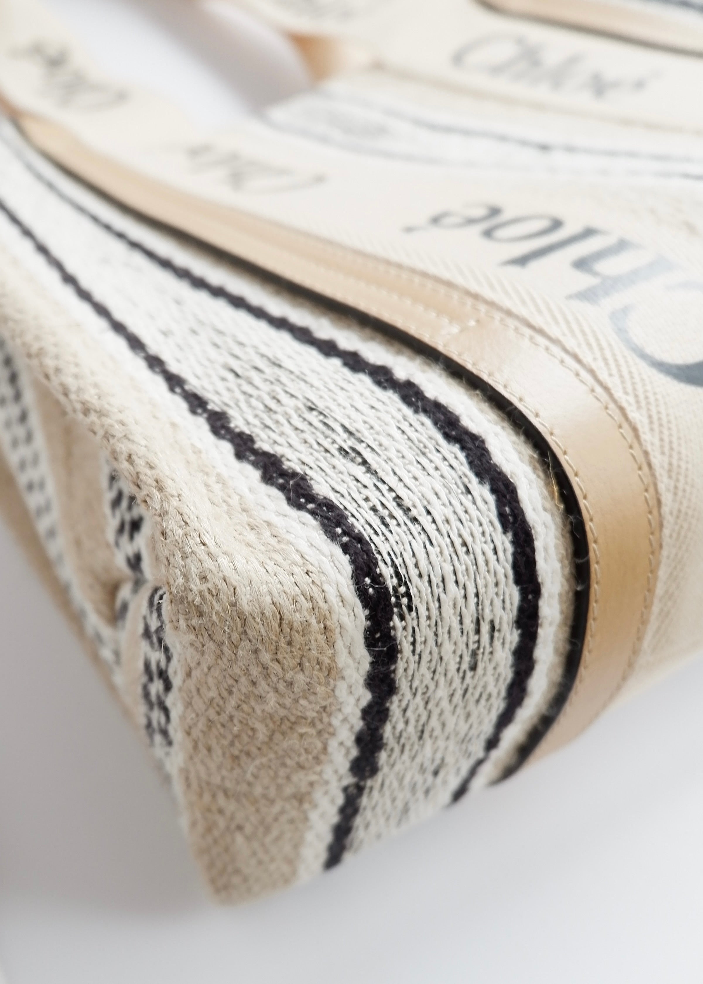 Authentic Preowned Chloe Beige/Black Striped Canvas Medium Woody Tote Bag